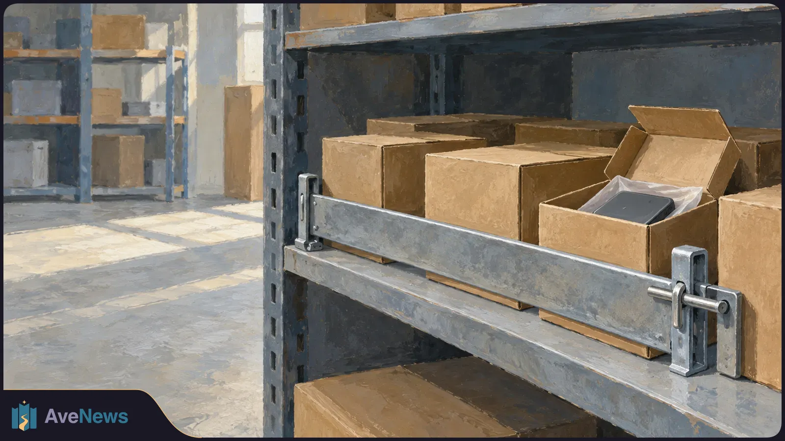 Illustration of cardboard boxes on warehouse shelves. An open box holds a dark rectangular device in a clear sleeve, behind a metal shelf rail. SI illustration