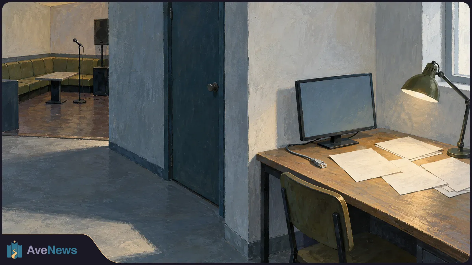 A painted scene of an empty karaoke room beside a desk with a blank monitor, loose papers, a disconnected cable and a lamp. SI illustration