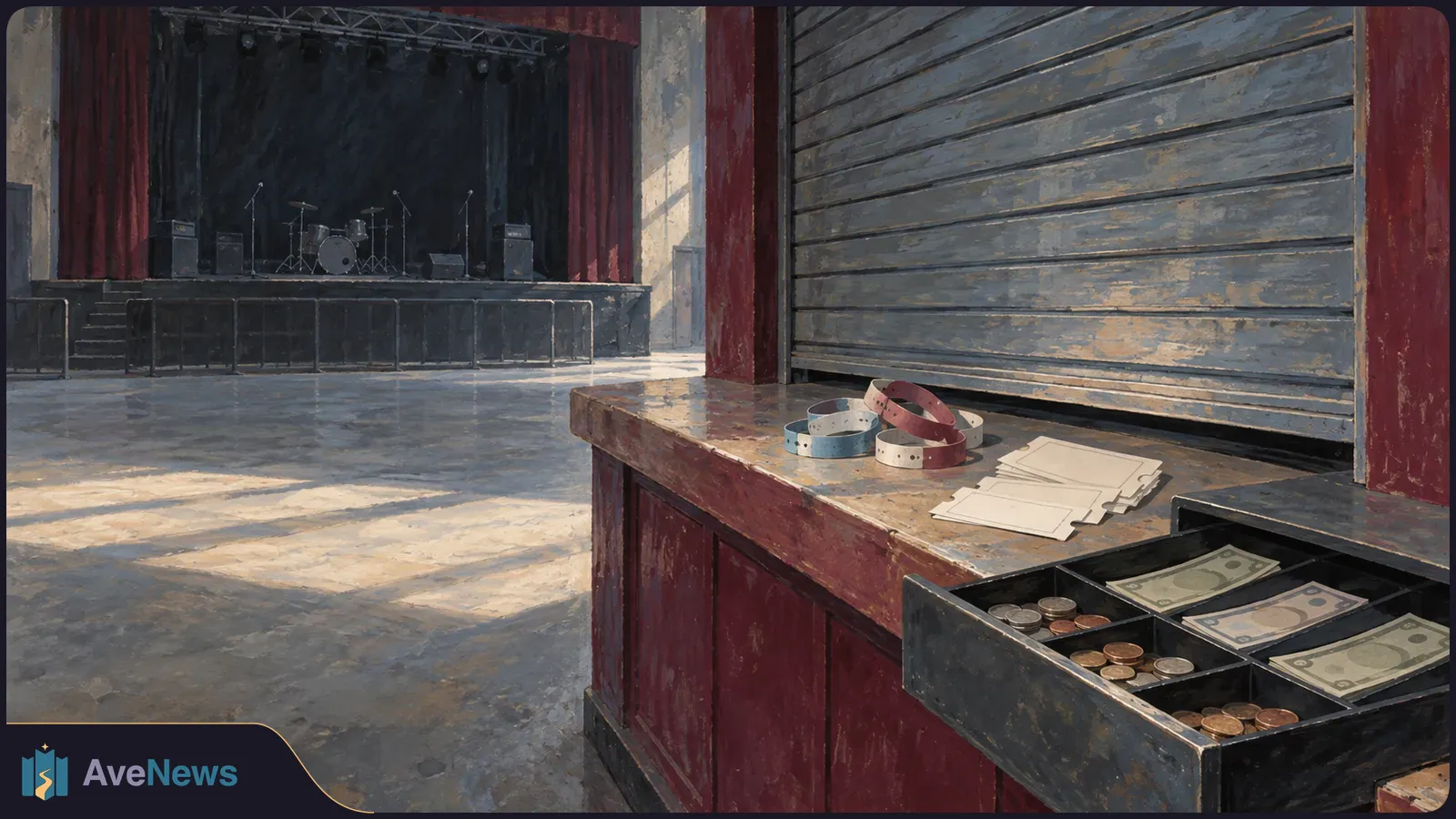 An empty concert stage with a drum kit stands beside a shuttered ticket counter. Blank tickets and wristbands sit above an open drawer of cash. SI illustration