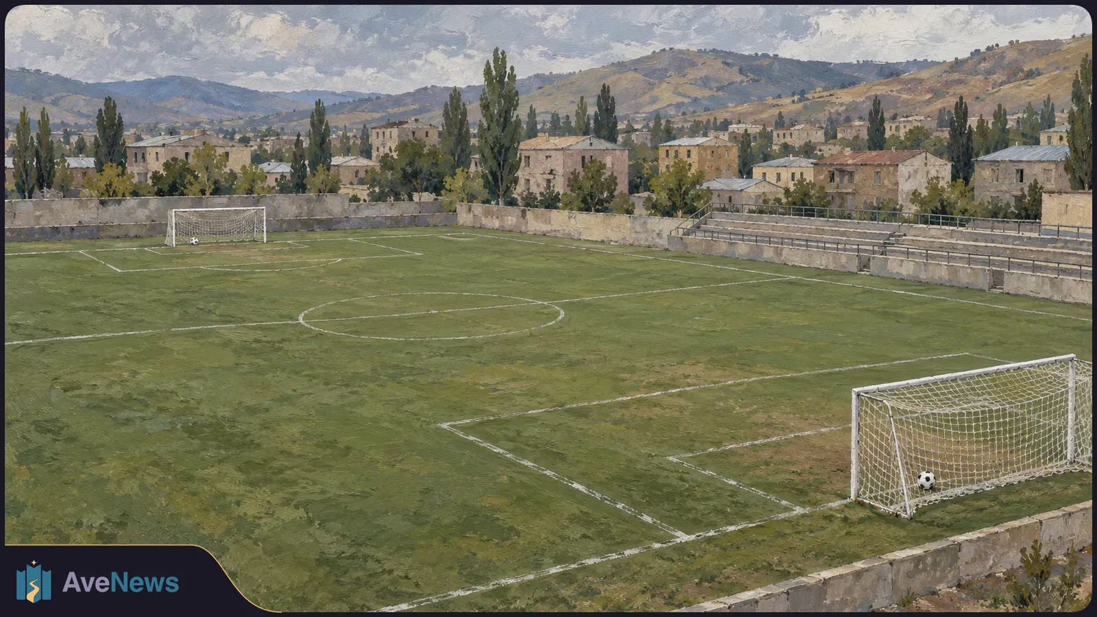 Painted view of an empty football field with a ball in each goal, empty stands to the right, and houses and hills beyond. SI illustration