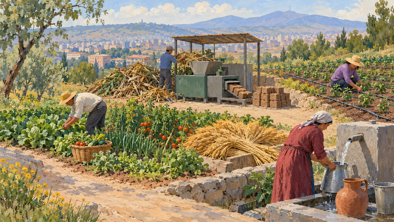 Painting of people tending vegetable plots, feeding crop stalks into a machine that produces blocks, and collecting water, with a city and mountains in the distance. SI illustration