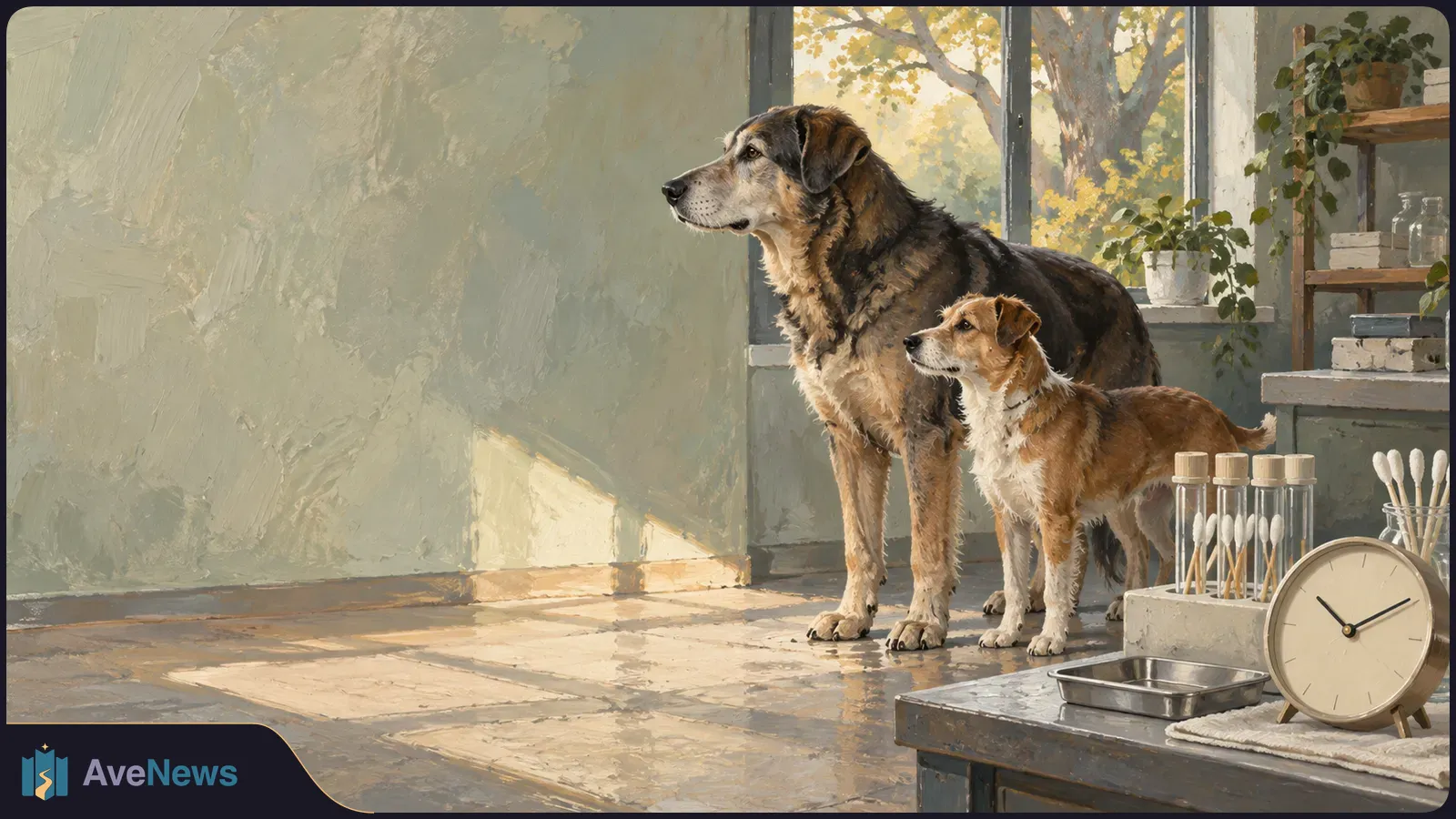 A painting of a large dark dog and a smaller brown-and-white dog in a sunlit room, with cotton swabs in glass tubes and an analog clock in the foreground. SI illustration