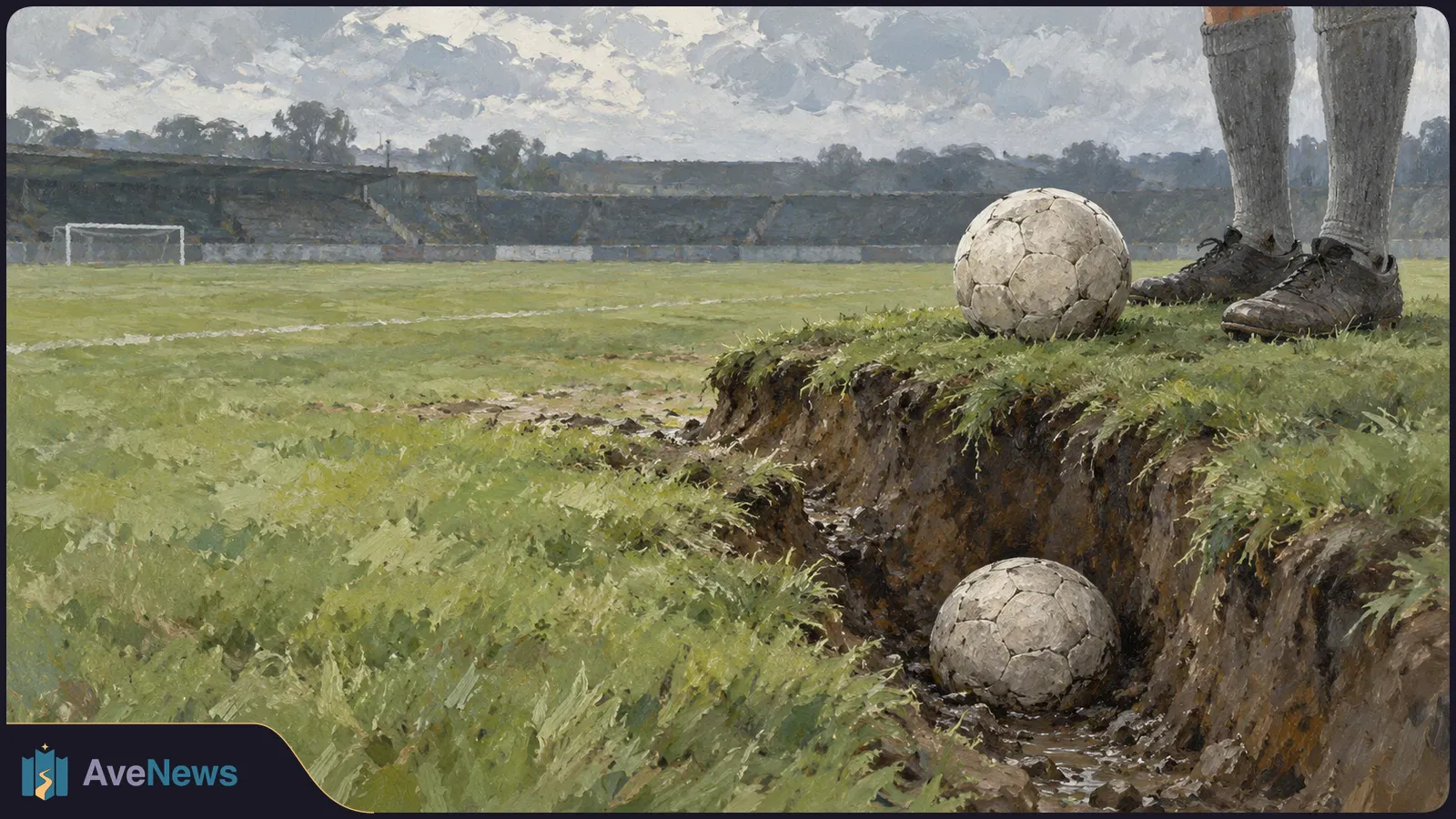 Painted football pitch under a cloudy sky, with one ball on the grass and another in a muddy trench beside a player’s legs. SI illustration