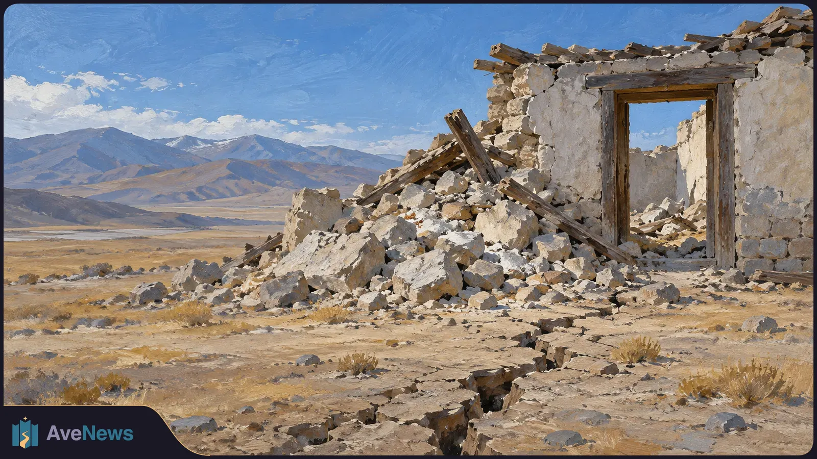 Painterly view of a ruined stone building amid rubble, with a crack across dry ground and mountains beneath a blue sky. SI illustration