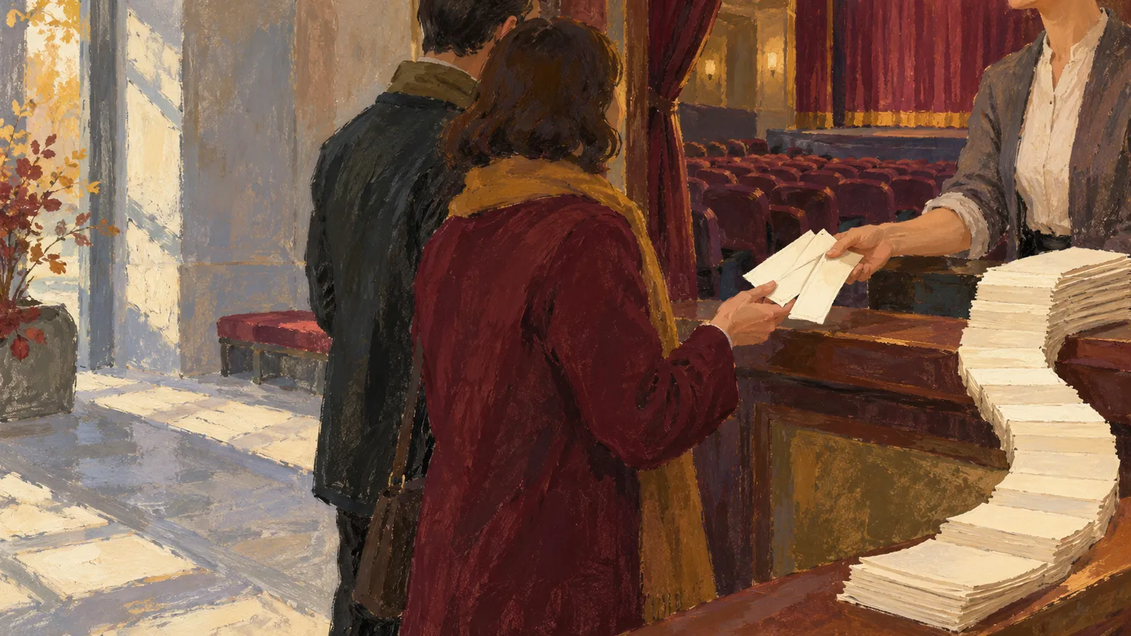 A painted scene of a woman receiving paper slips at a theater counter, with another person beside her, stacks of slips on the counter and red seats beyond. SI illustration