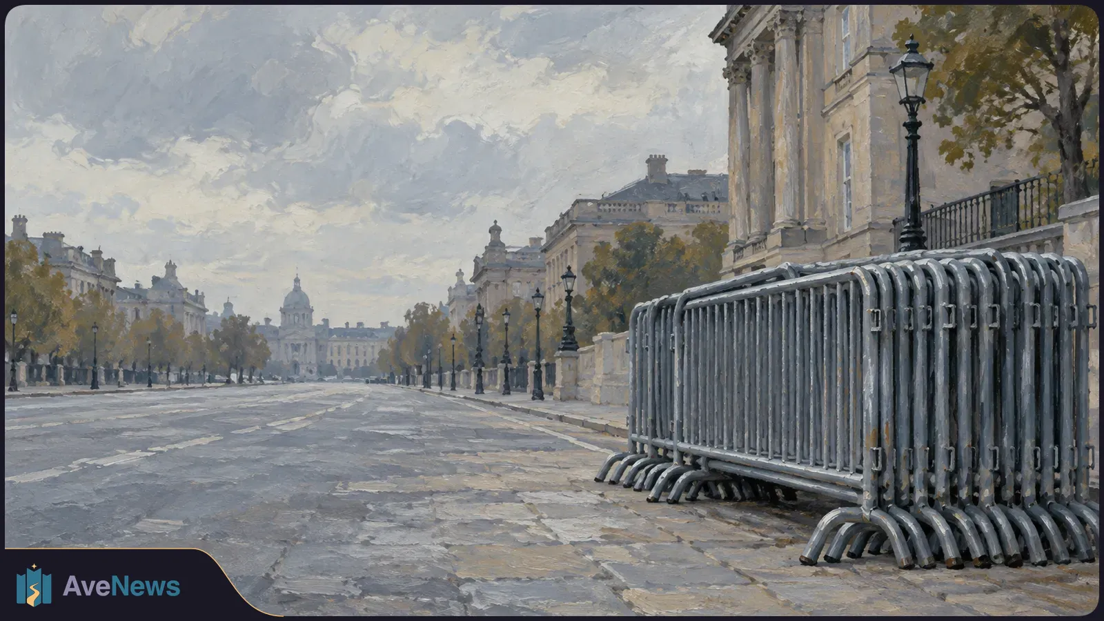 Painterly illustration of stacked metal crowd-control barriers beside a broad, nearly empty street lined with stone buildings, trees and lampposts under a cloudy sky. SI illustration