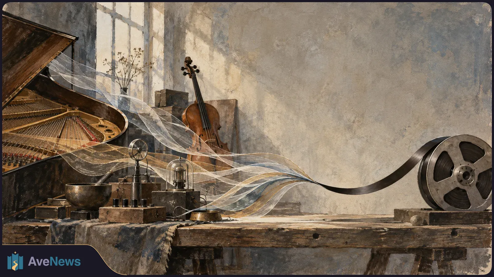 A painterly studio scene with an open grand piano, a cello, audio equipment and a tape reel, connected by flowing translucent ribbons. SI illustration