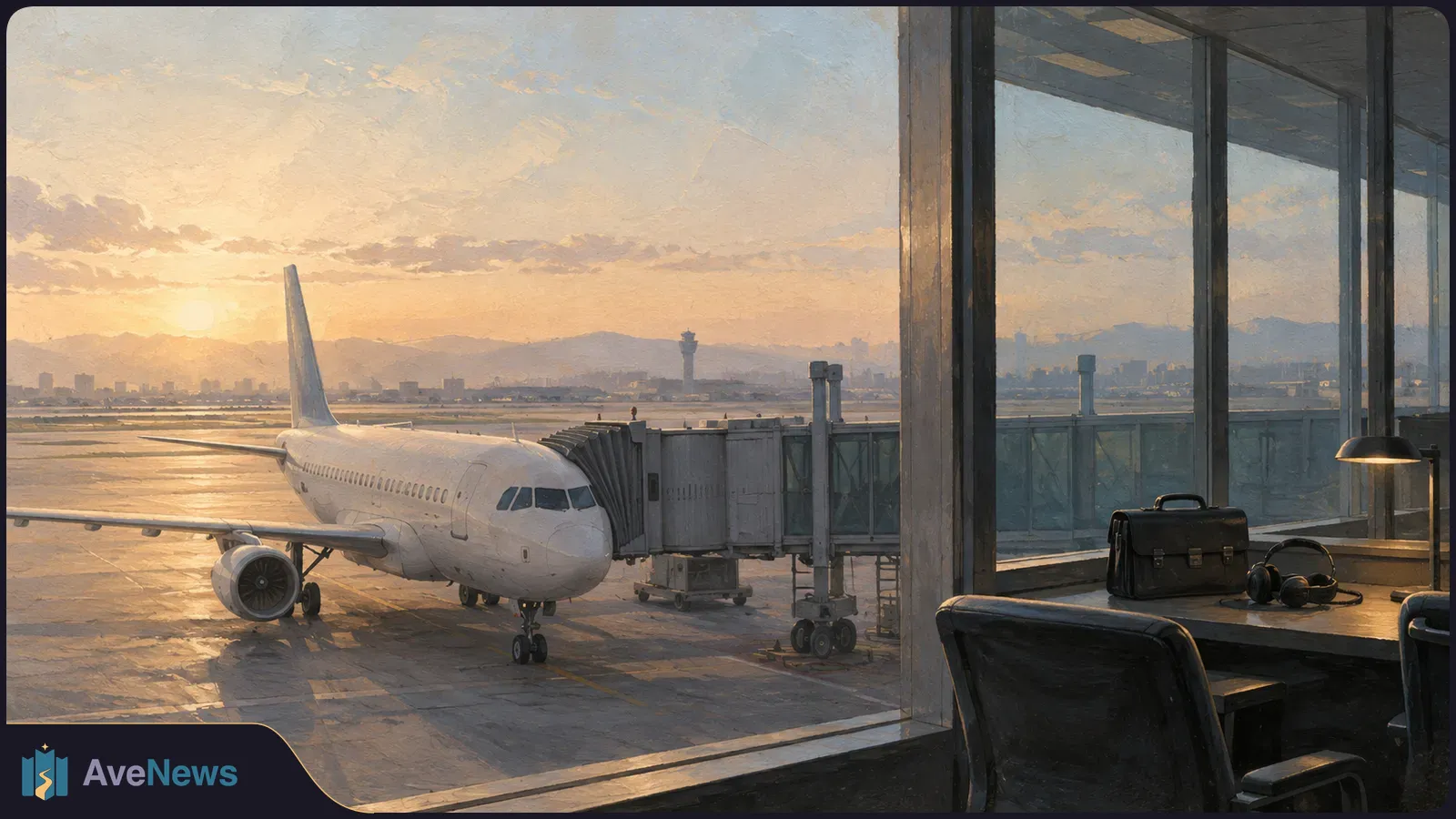 A white passenger jet stands at an airport gate at sunset, beside a jet bridge. Inside the terminal, a briefcase and headphones sit on a desk by the window. SI illustration