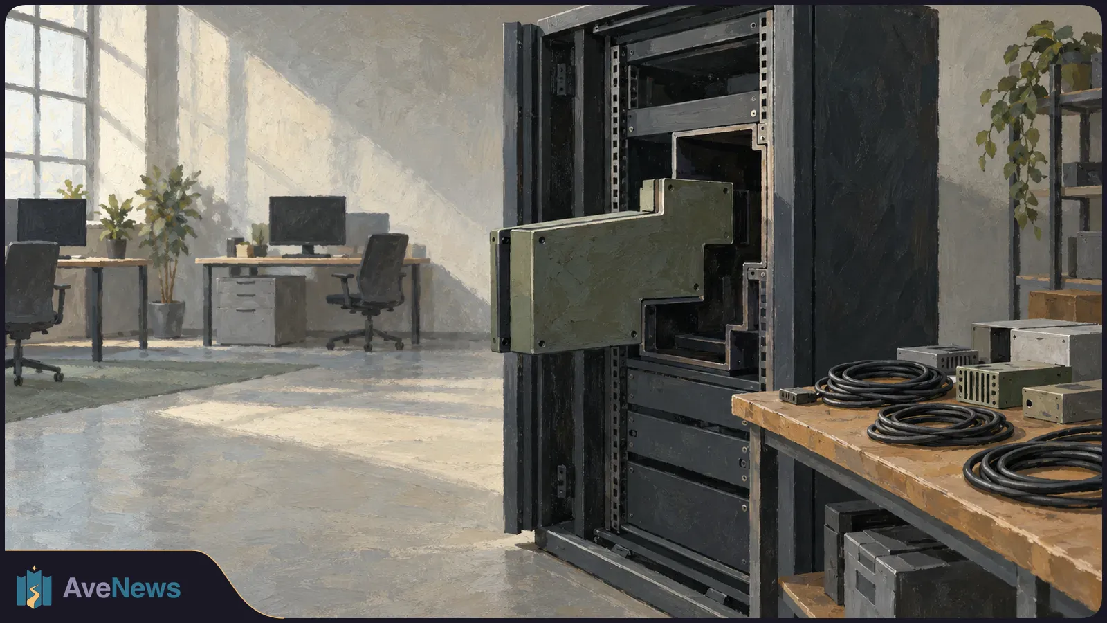 A large green module protrudes from an open equipment rack in a sunlit office. Coiled cables and small devices sit on a nearby workbench. SI illustration