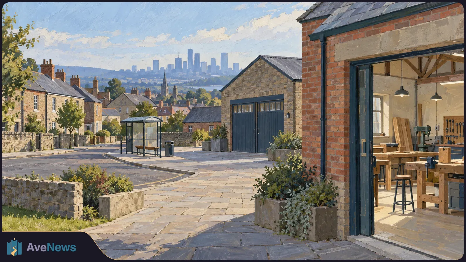 Painted town street with stone houses and a bus shelter; an open woodworking workshop fills the right foreground, with a high-rise skyline in the distance. SI illustration