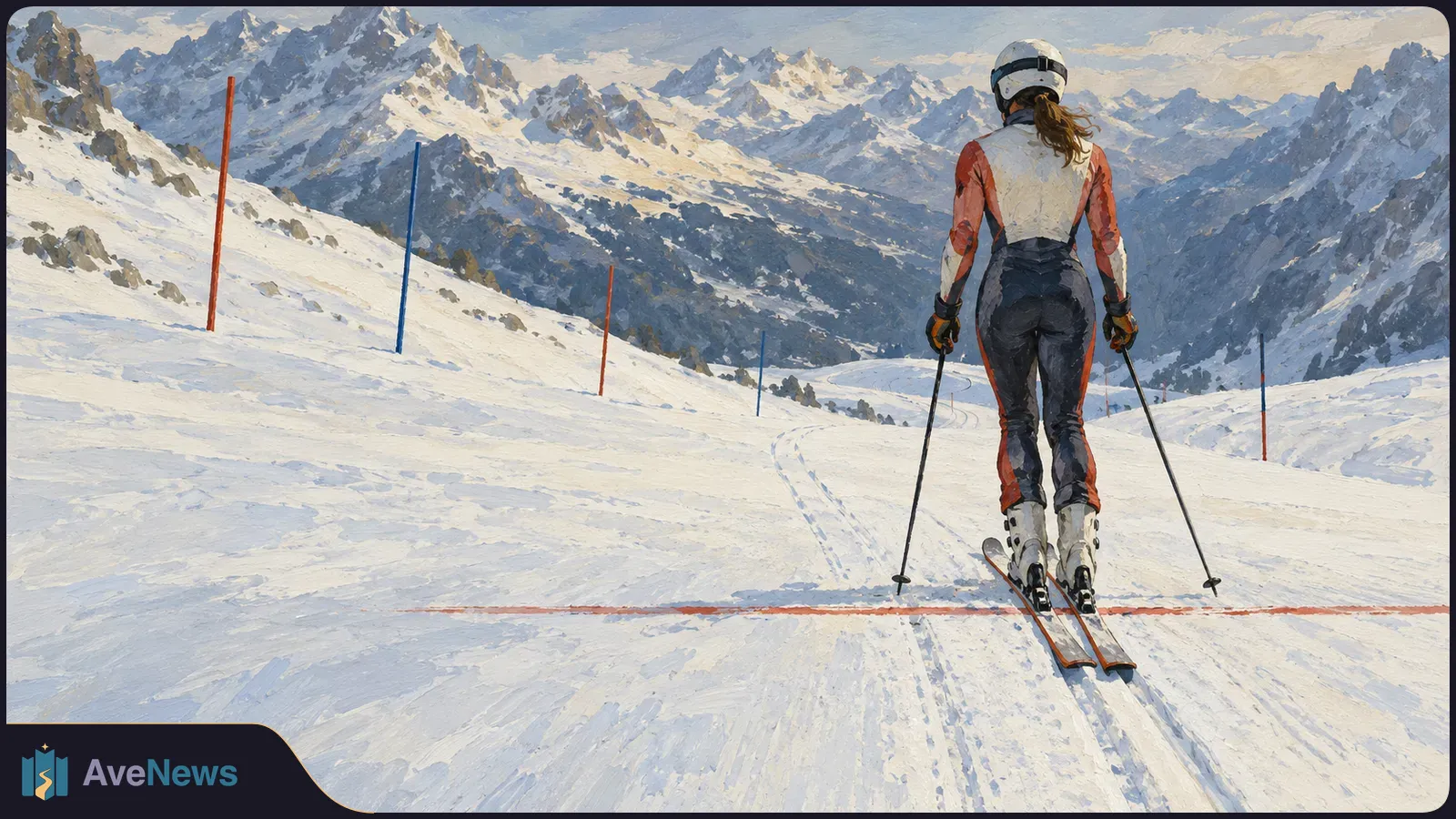 Illustration of a skier seen from behind on a snowy slope, holding poles, with red and blue course markers and rugged mountains beyond. SI illustration