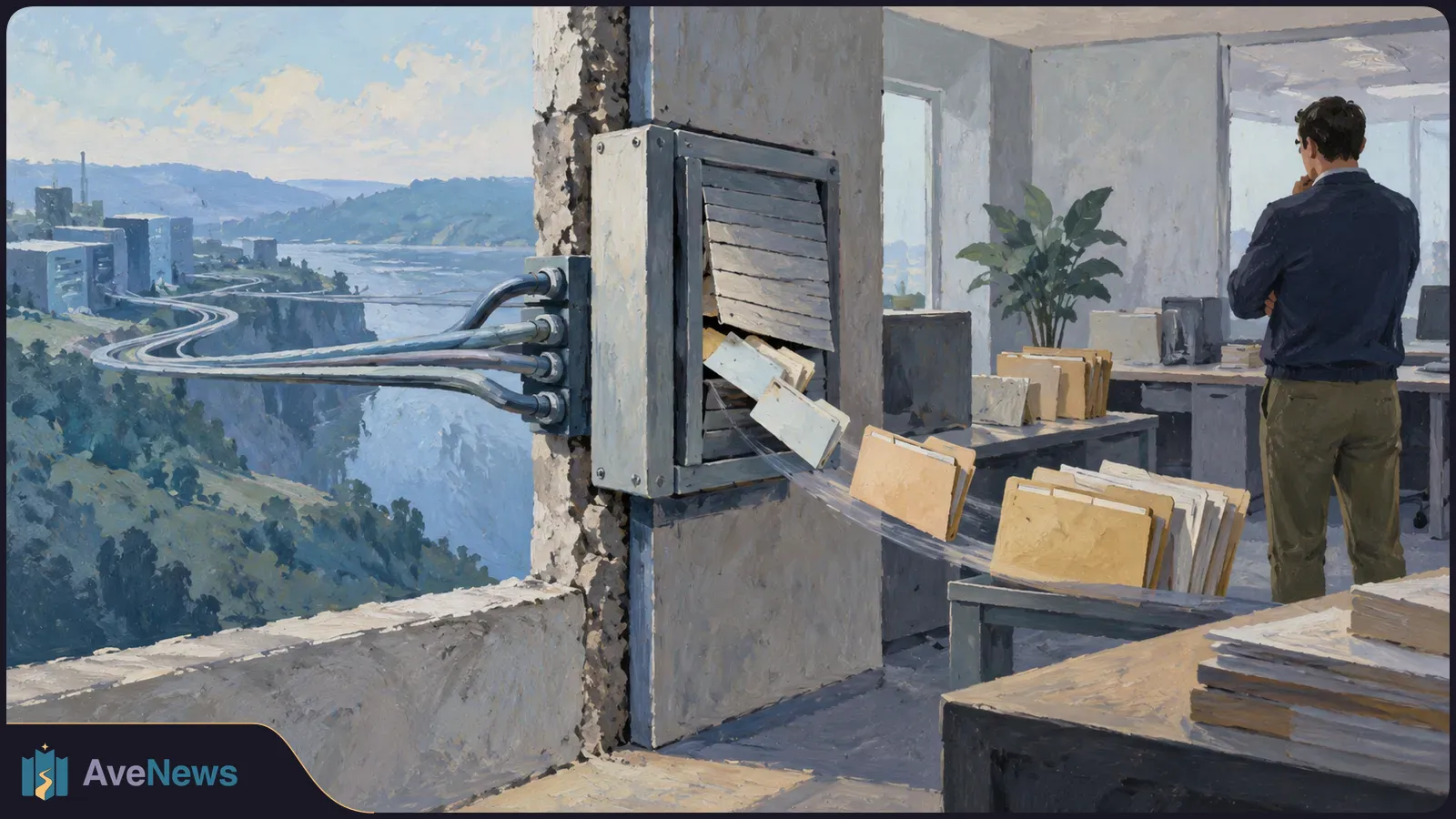 Painted office scene with folders streaming from a wall vent toward a table, cables extending outside across a valley, and a man standing by desks. SI illustration