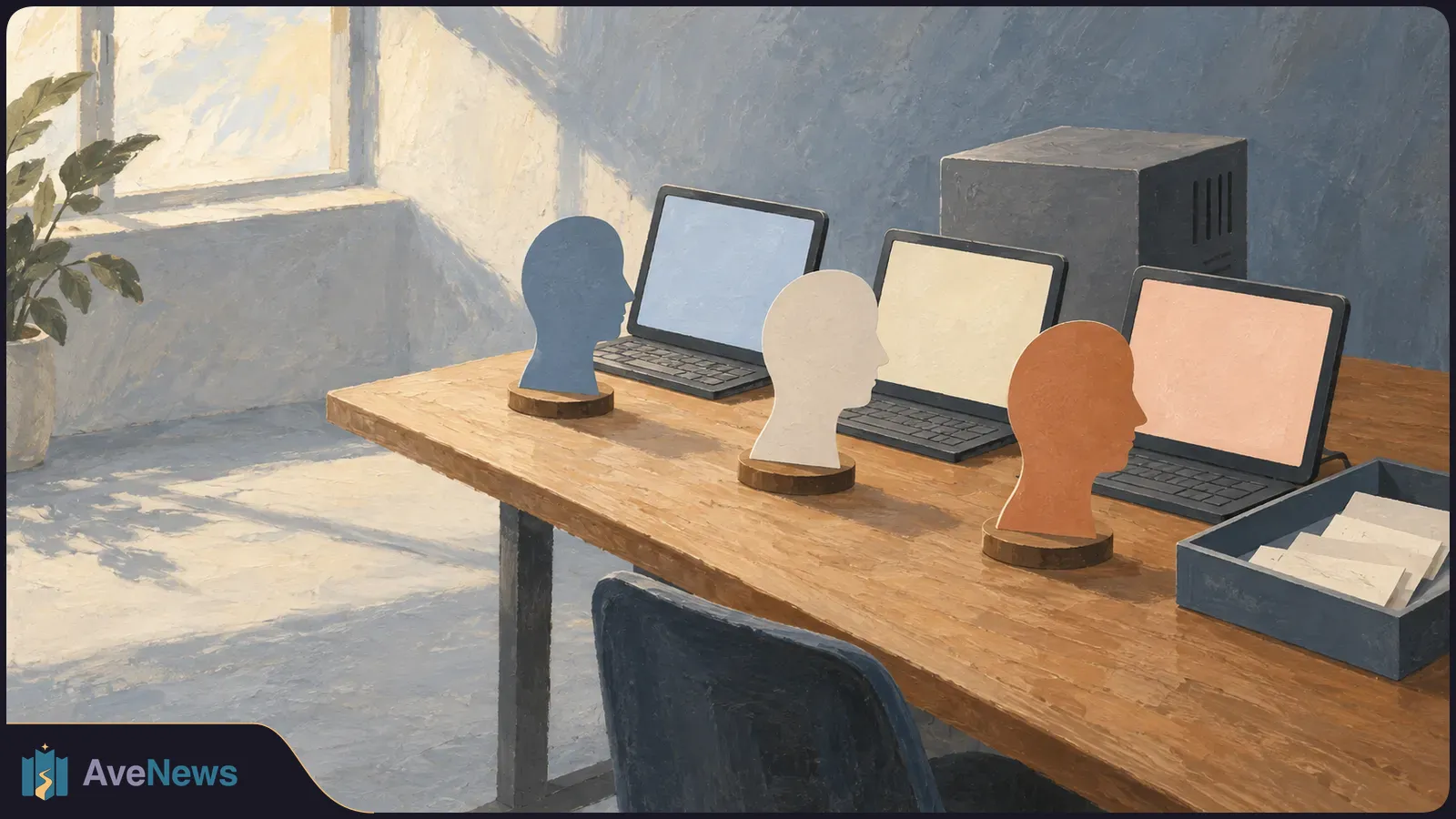 Painted office scene with three featureless head cutouts before blank laptop screens on a wooden table, beside a paper tray and computer tower. SI illustration