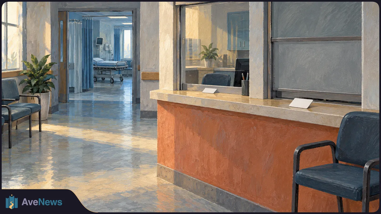 Painted view of an empty hospital reception area, with chairs and a counter in front and a curtained patient bed visible through a doorway. SI illustration