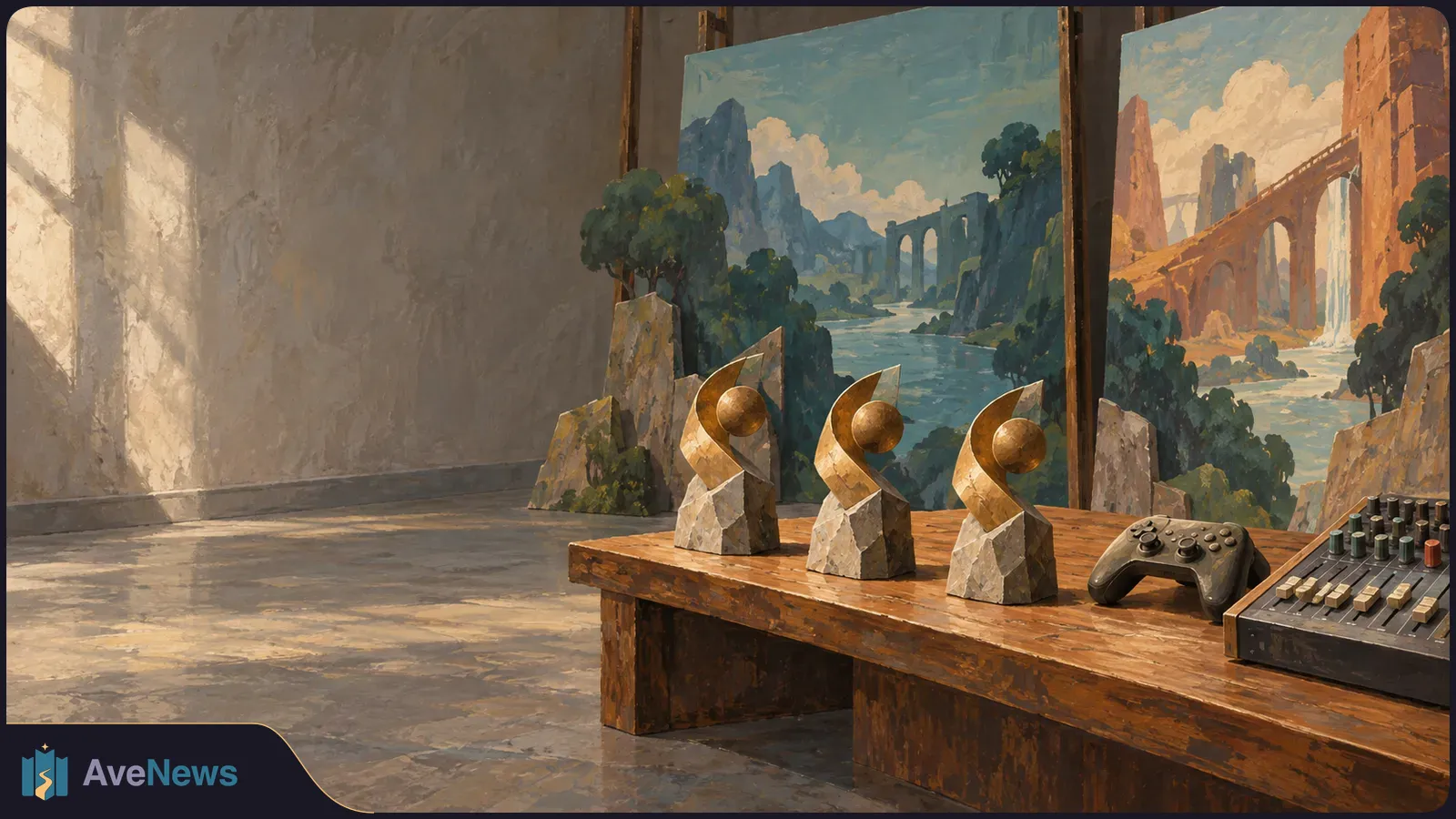 Three abstract gold-and-stone trophies sit on a wooden table beside a game controller and audio mixer, with two painted landscapes behind them. SI illustration