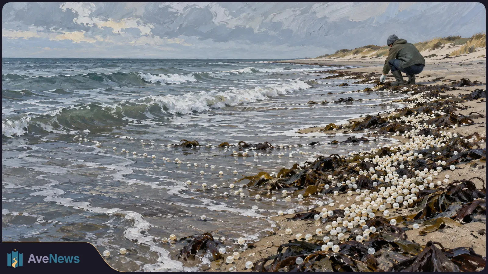 Painted scene of waves washing onto a sandy shore strewn with small white pellets and dark seaweed; a person crouches near the water under a cloudy sky. SI illustration
