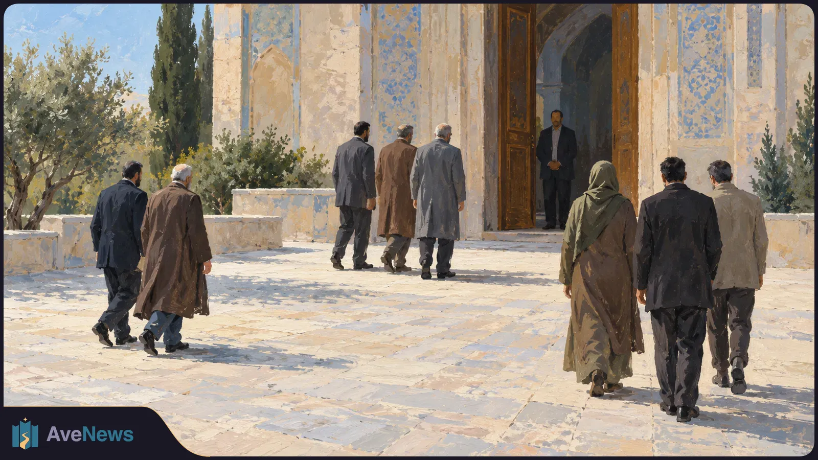 Painted scene of a group of people walking across a sunlit stone courtyard toward the open doors of a blue-tiled building, with a person standing in the doorway. SI illustration