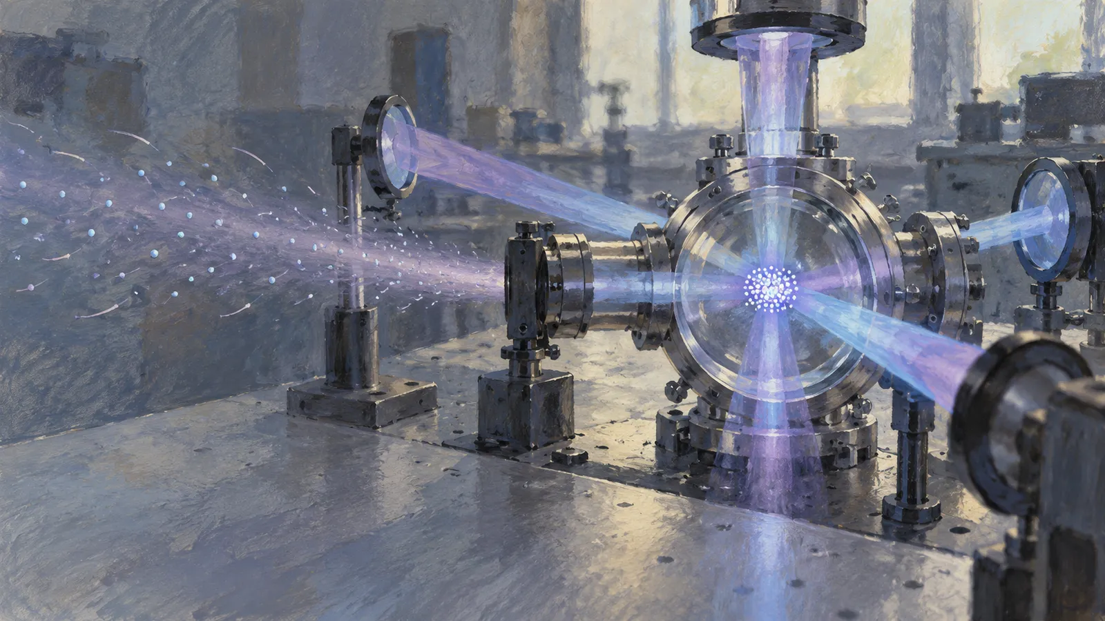 A painted laboratory apparatus directs blue and violet beams toward a glowing cluster inside a round metal chamber, with scattered dots extending to the left. SI illustration
