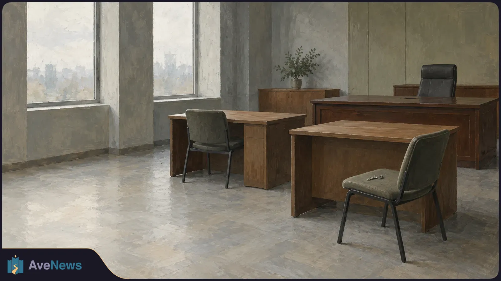 An empty office with wooden desks, chairs and tall windows. A small key rests on the nearest chair. SI illustration