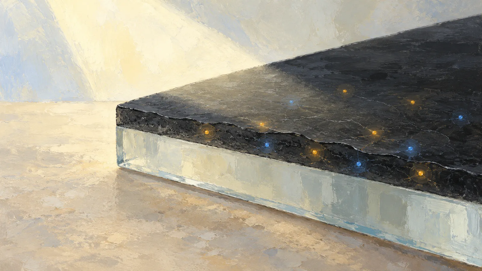 A painterly illustration of a dark, thin layer on a translucent rectangular slab, dotted with blue and orange lights under a beam of light. SI illustration