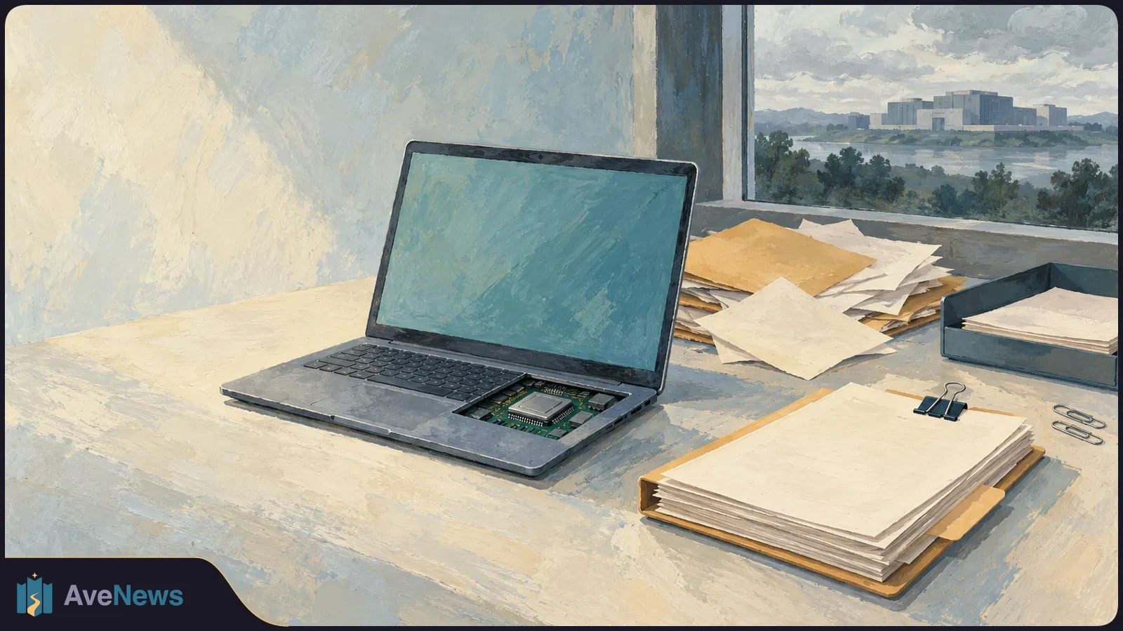 Painted illustration of a laptop with an exposed chip beside stacks of blank papers and folders on a desk; a large building is visible through the window. SI illustration