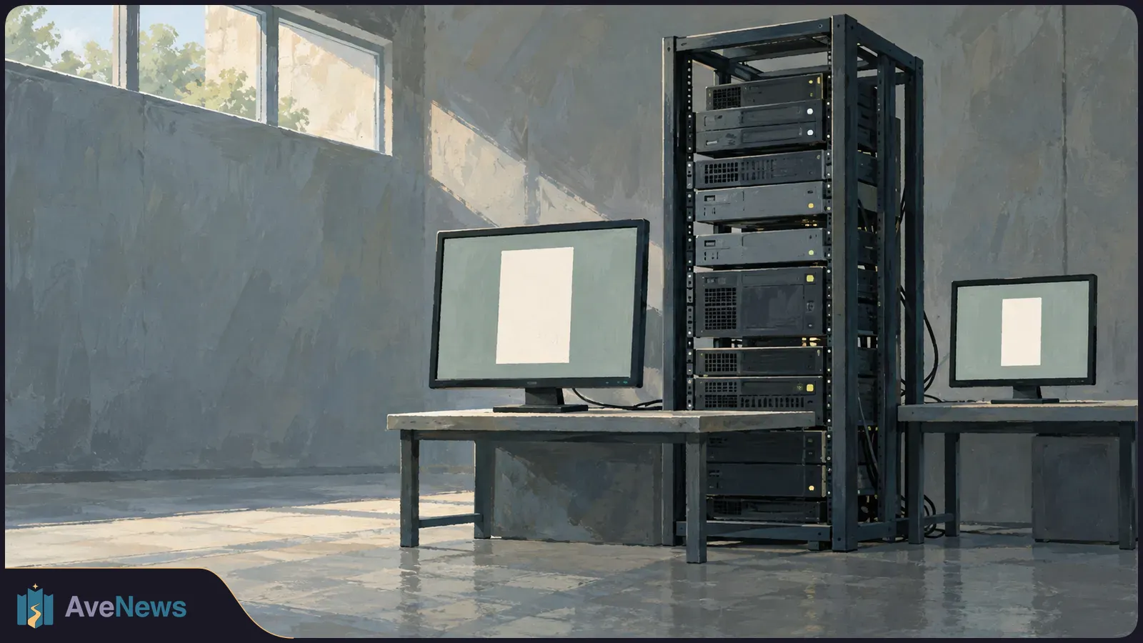 Painted server rack between two desk monitors showing blank white rectangles in a sunlit room. SI illustration