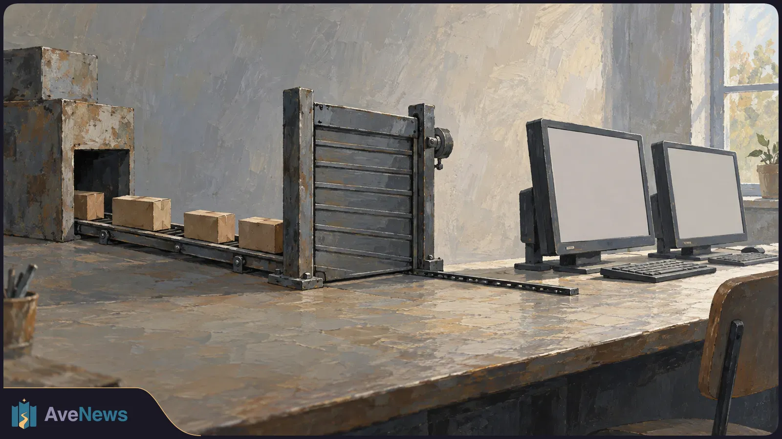 Painterly illustration of cardboard boxes on a conveyor belt passing through a metal gate, beside two blank computer monitors and keyboards on a workbench. SI illustration