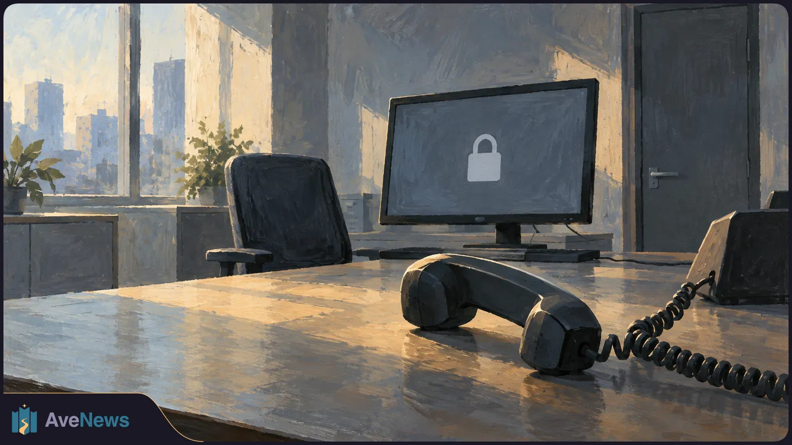 Painted office scene with a telephone handset on a desk and a computer monitor showing a white padlock symbol. SI illustration