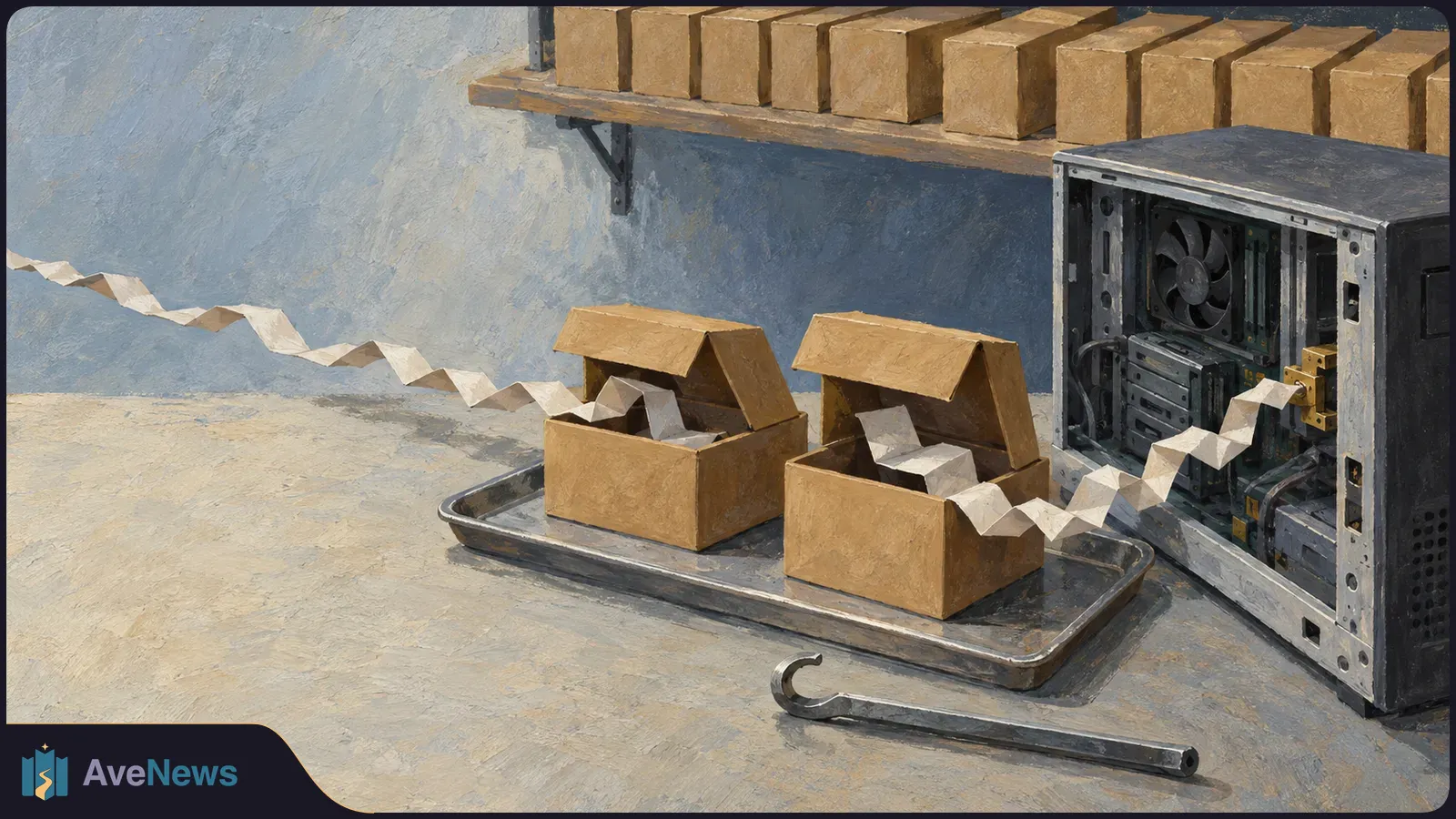 Painterly illustration of open cardboard boxes on a tray beside an exposed desktop computer tower, with folded paper strips running between them. More boxes line a shelf above. SI illustration
