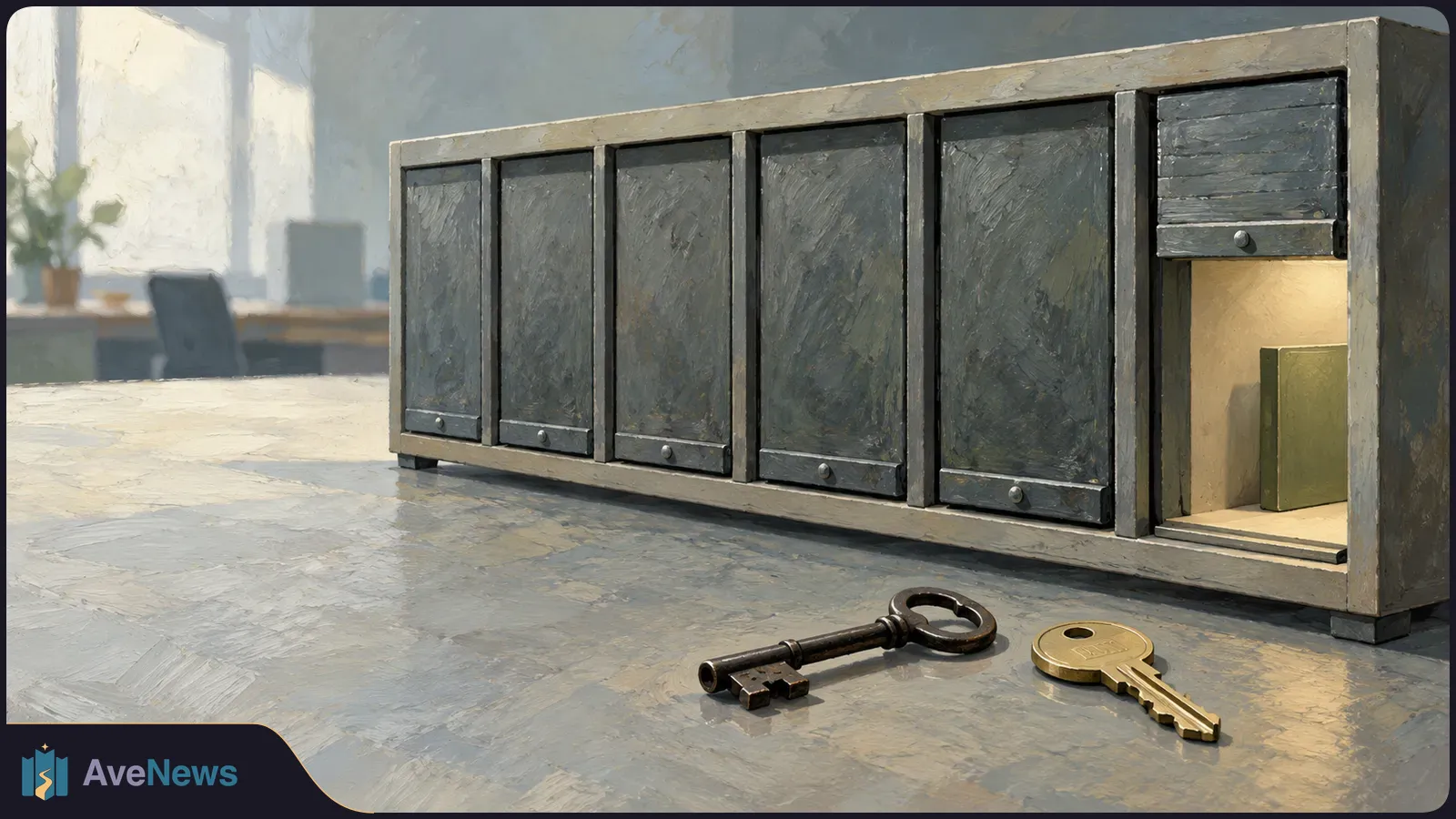 Illustration of a dark cabinet with one lit compartment holding a green folder; two keys lie on the table in front. SI illustration