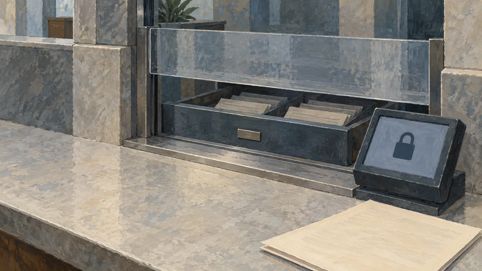 A painted service counter with an open drawer of files behind glass, a screen showing a closed padlock, and papers in the foreground. SI illustration