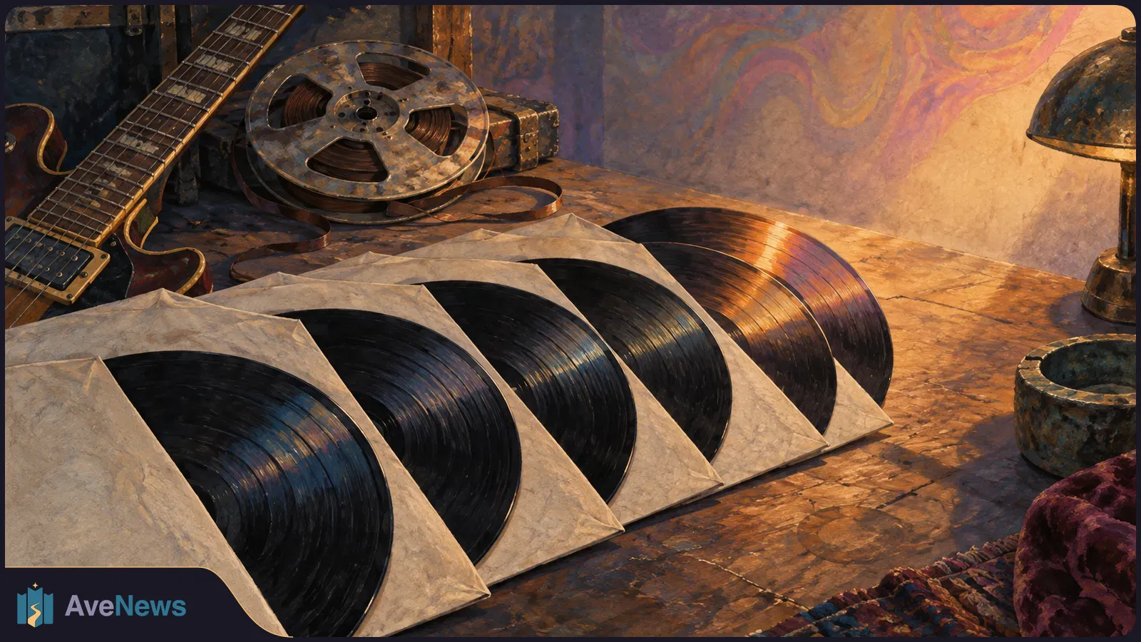 Several vinyl records in paper sleeves lie across a wooden table, with an electric guitar at left, a tape reel behind them and a lamp at right. SI illustration