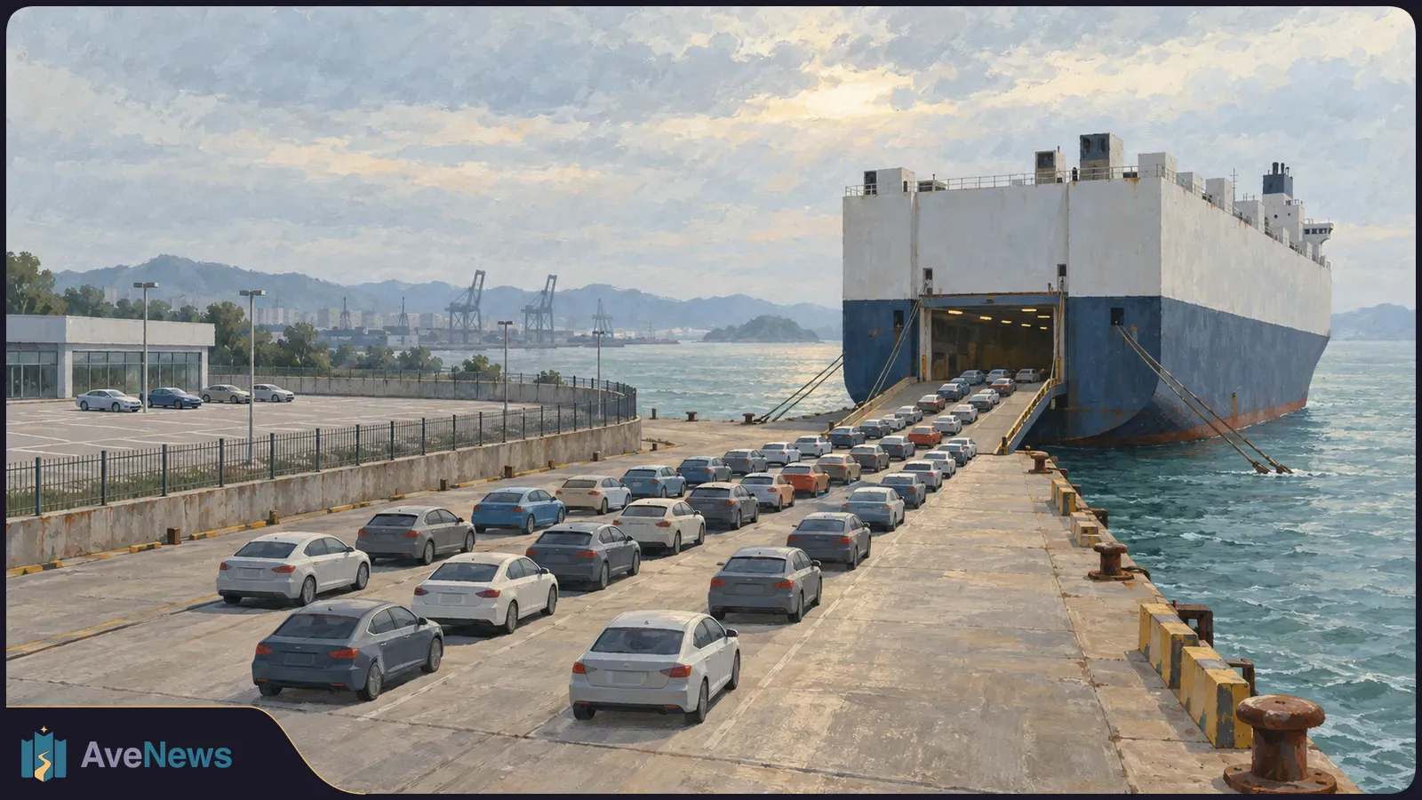 Painted scene of rows of cars on a dock leading up a ramp into a large cargo ship, with water, port cranes and hills beyond. SI illustration