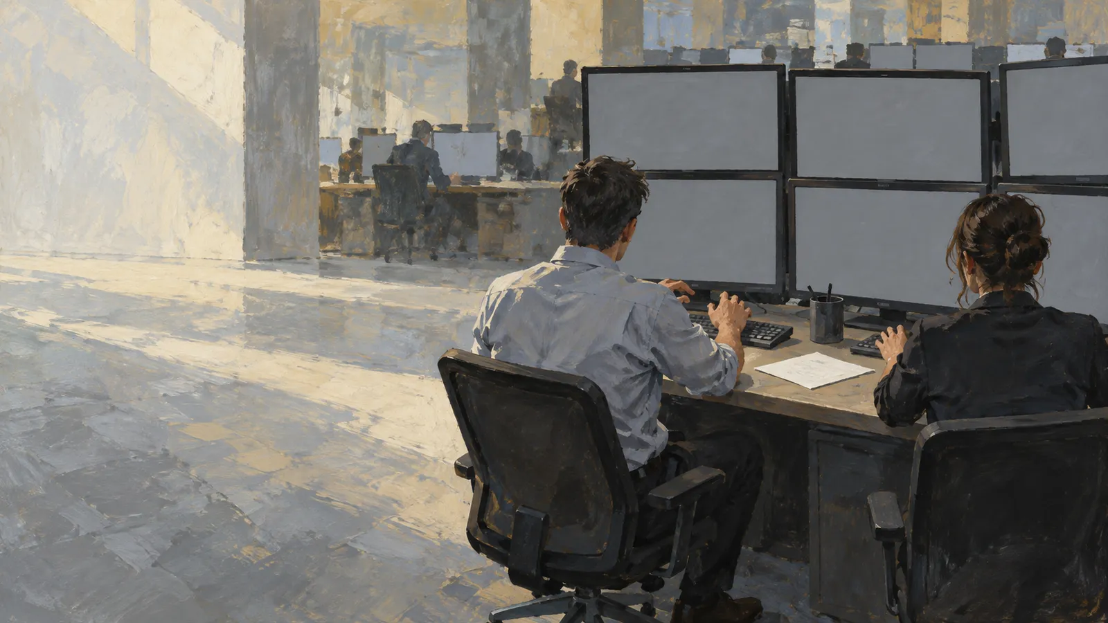 A painted office scene shows two people seated at a desk facing blank monitors, with more people and screens in the background. SI illustration