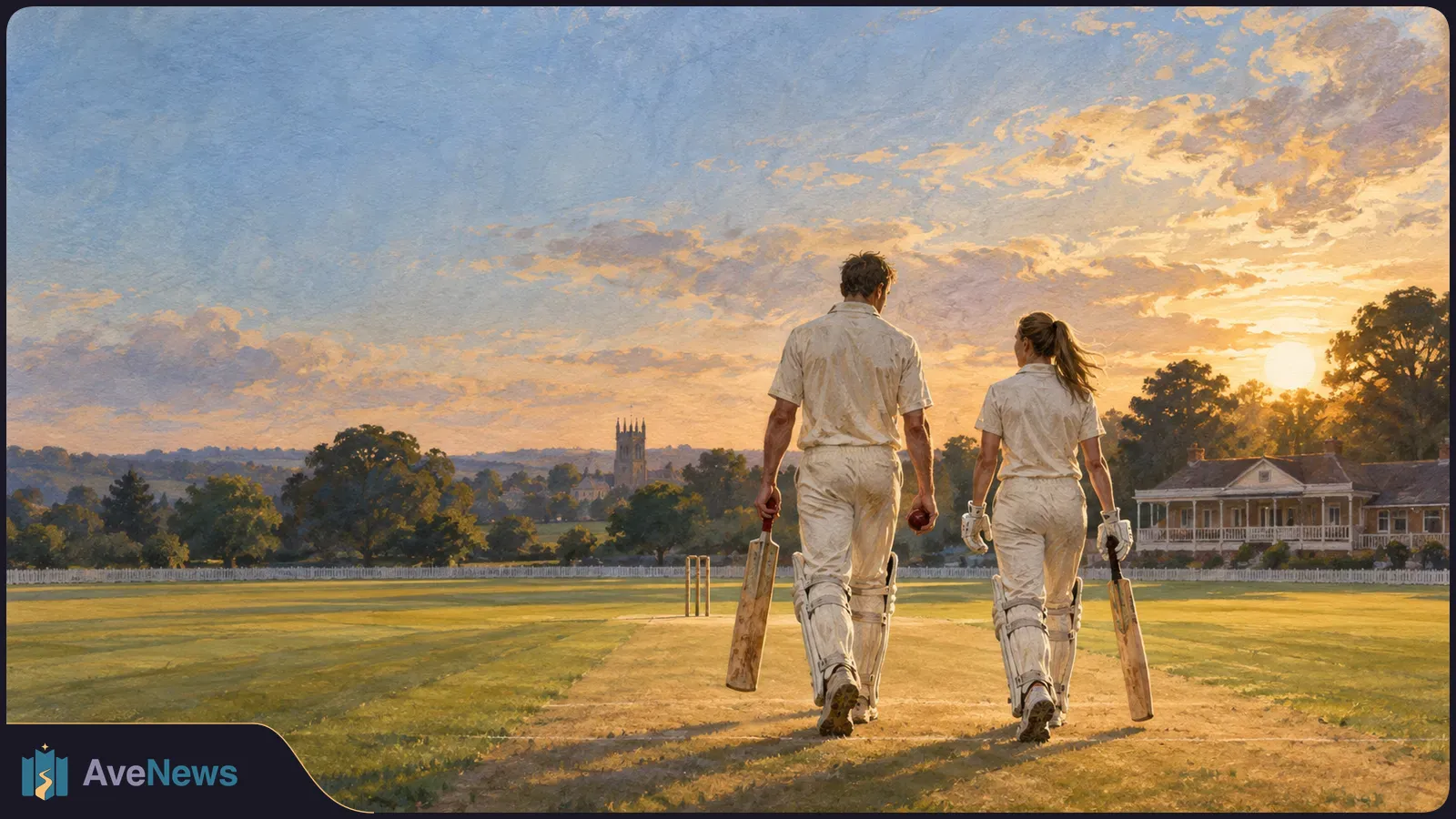 Painted scene of two cricketers in white walking away with bats along a pitch at sunset, with stumps, trees and a pavilion beyond. SI illustration