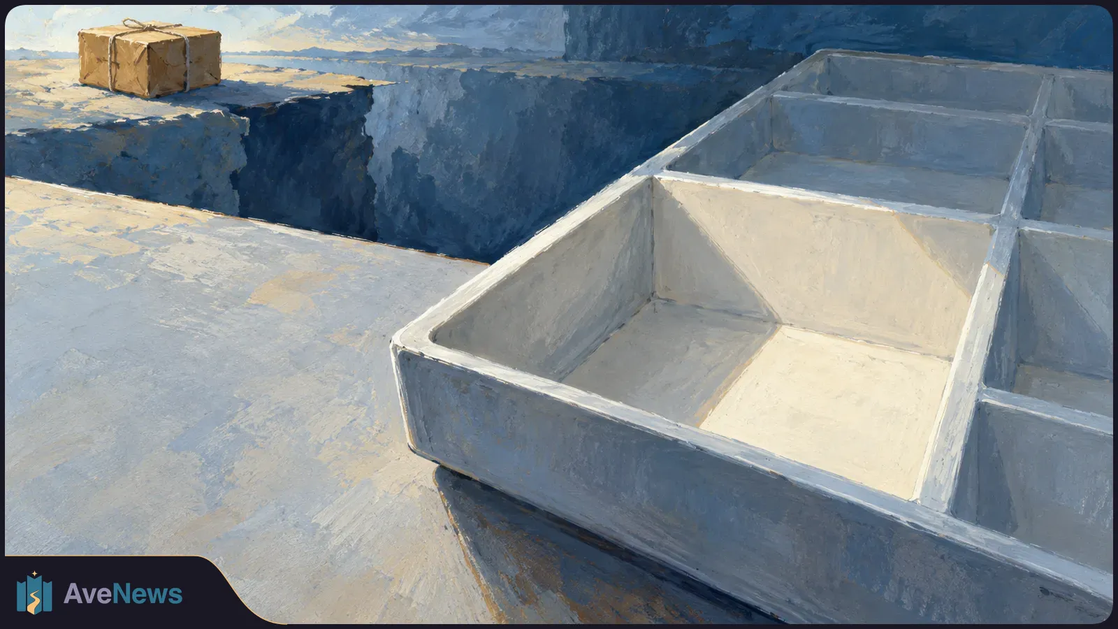 A painted scene shows an empty white compartmented tray beside a wide dark gap, with a tied brown parcel on the far side. SI illustration