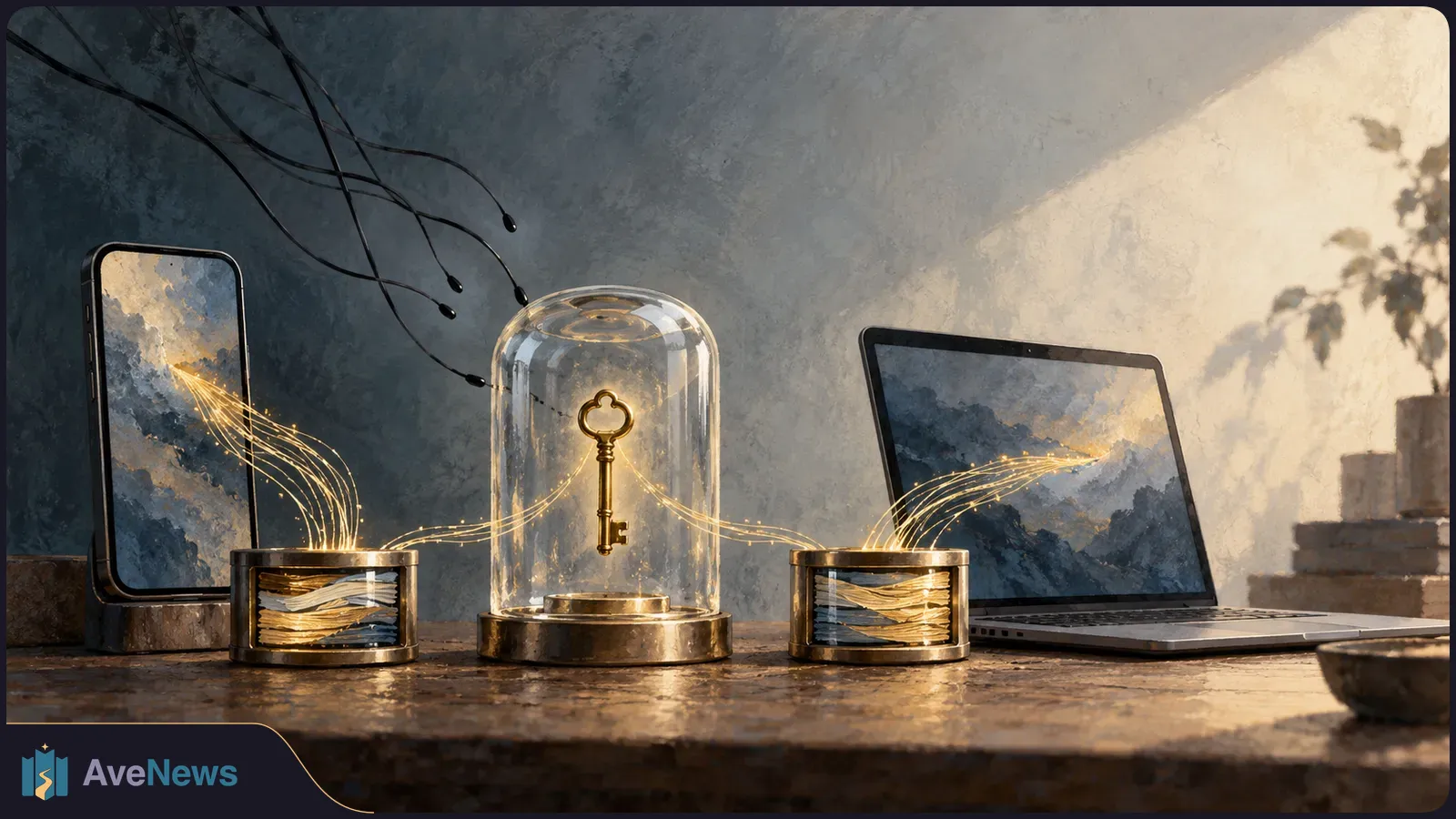Illustration of a gold key under a glass dome between a phone and laptop, with glowing strands linking both devices to two stacks of files. SI illustration