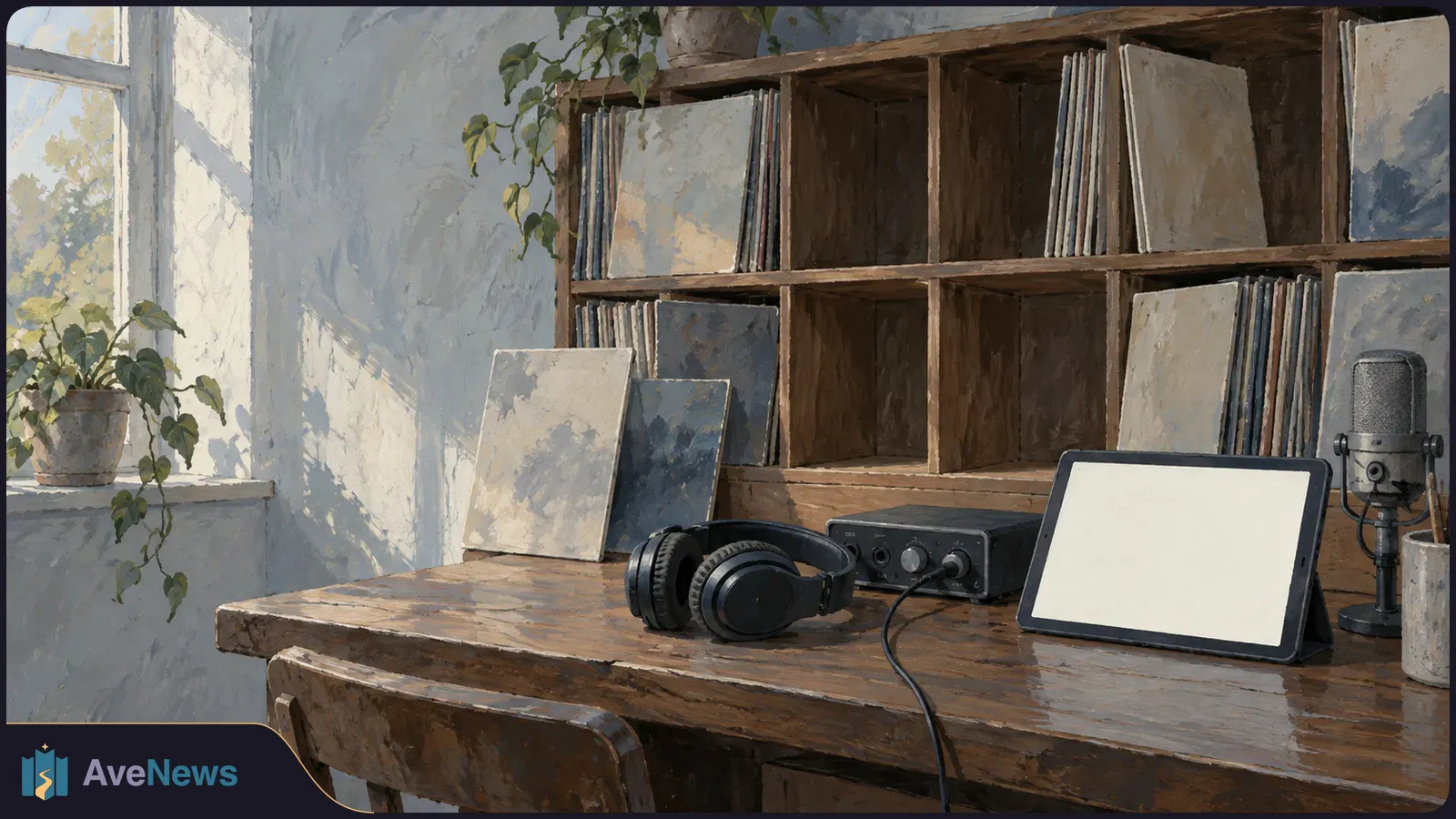 Painterly recording setup with headphones, a microphone, an audio interface and a blank tablet on a wooden desk. Record sleeves and plants sit by a sunlit window. SI illustration