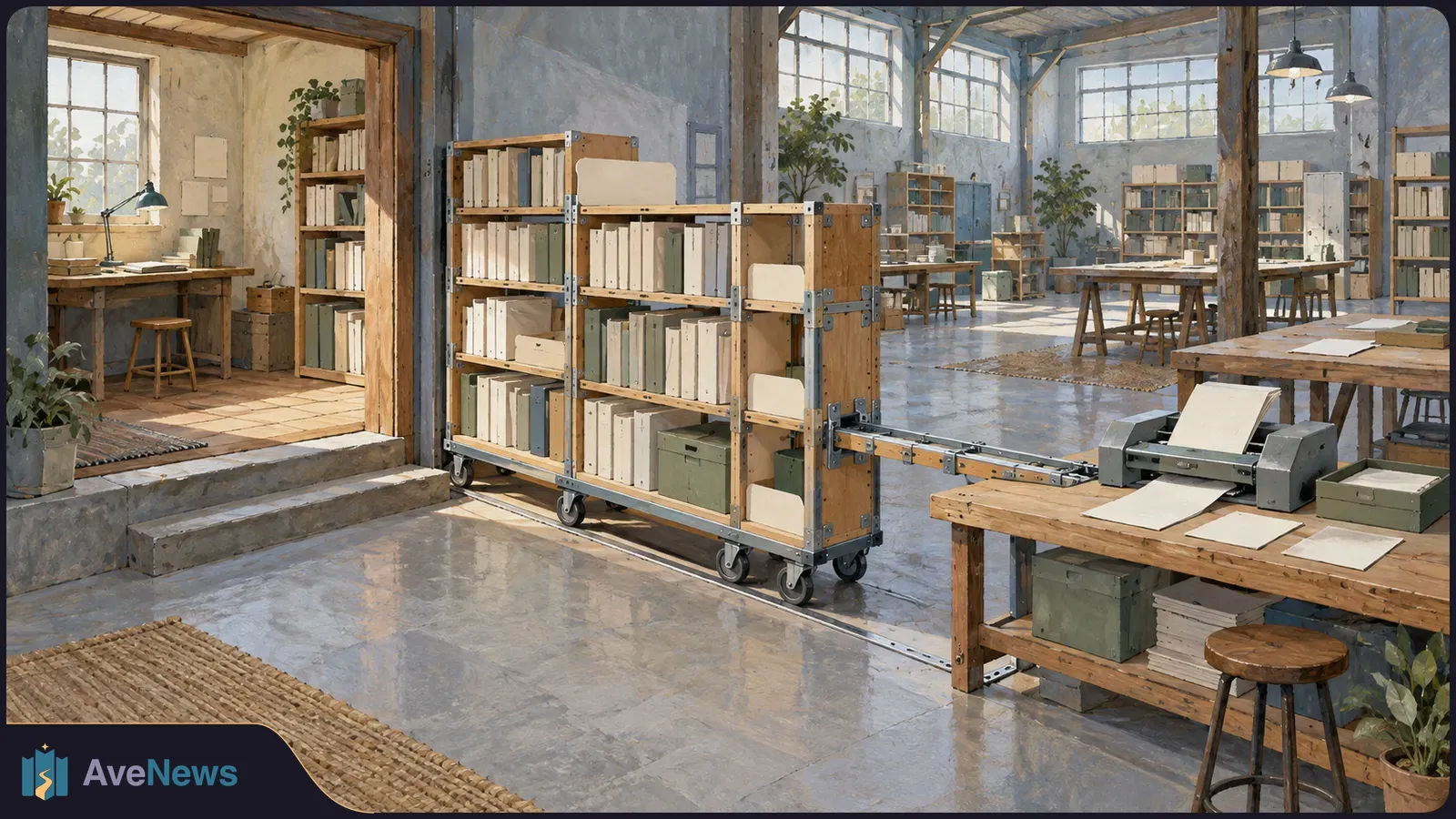 A wheeled shelf of books stands between two sunlit workrooms. A machine and blank sheets of paper sit on a wooden table at right. SI illustration
