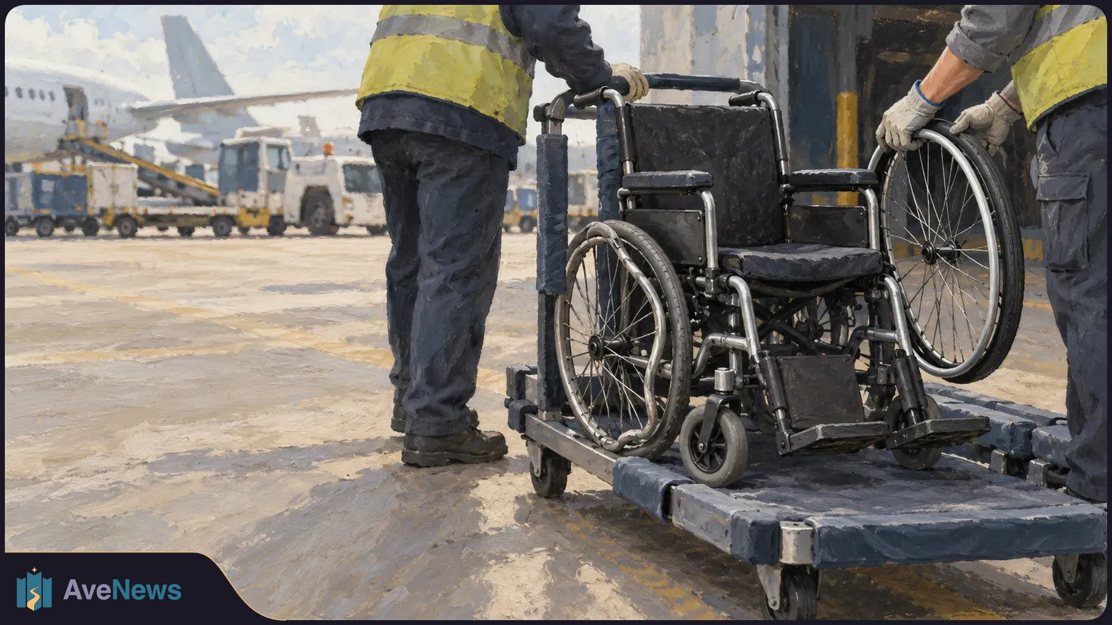 Two workers in high-visibility vests handle an empty wheelchair on a wheeled platform at an airport, with an aircraft and service vehicles behind them. SI illustration