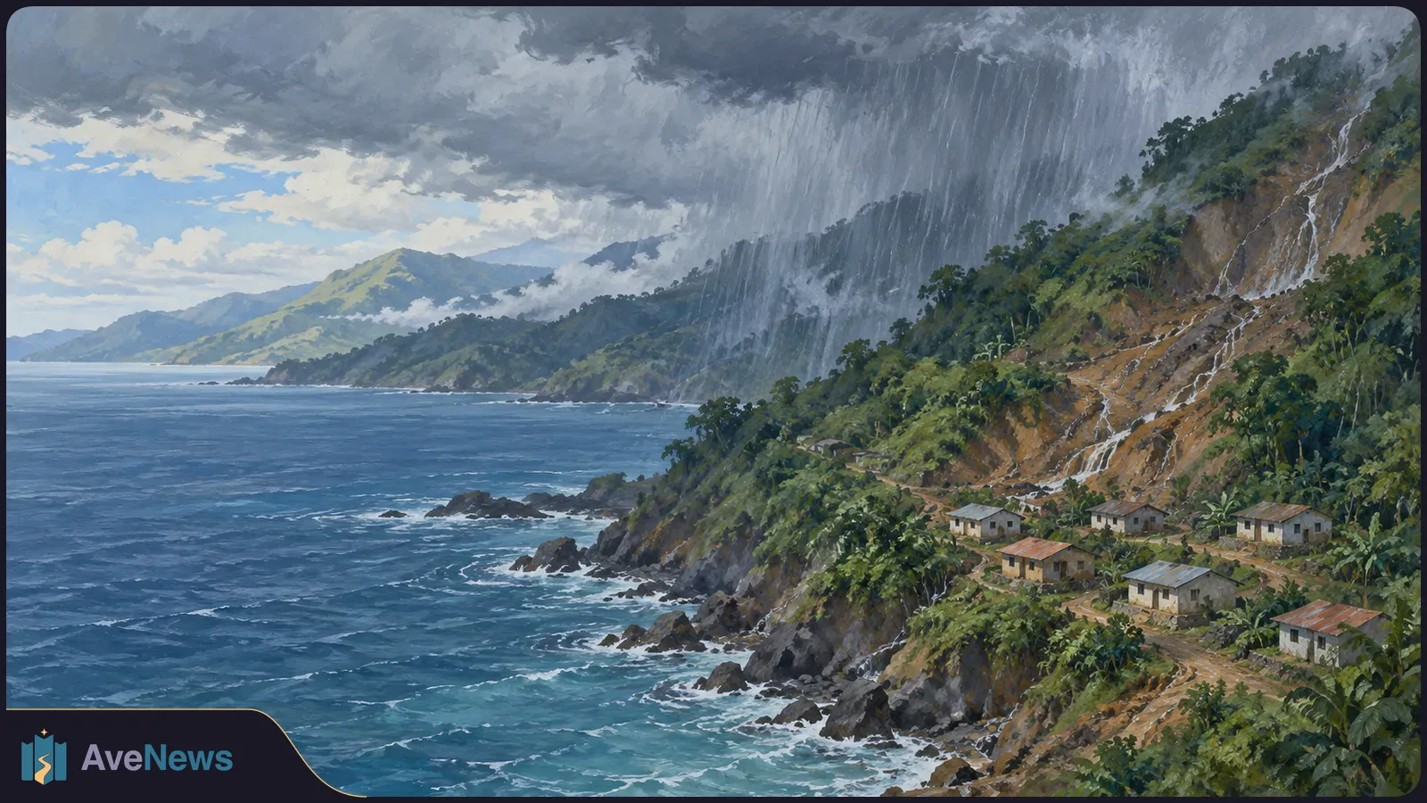 Painted coastal landscape with dark storm clouds, heavy rain over a steep hillside, and small houses beside the sea. SI illustration