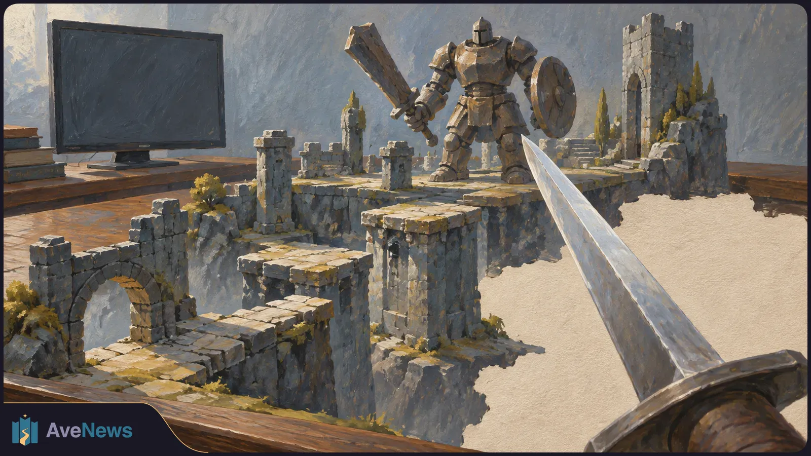 A painted scene shows a sword pointed at a shield-bearing armored warrior across broken stone platforms, with a blank monitor on a desk at left. SI illustration
