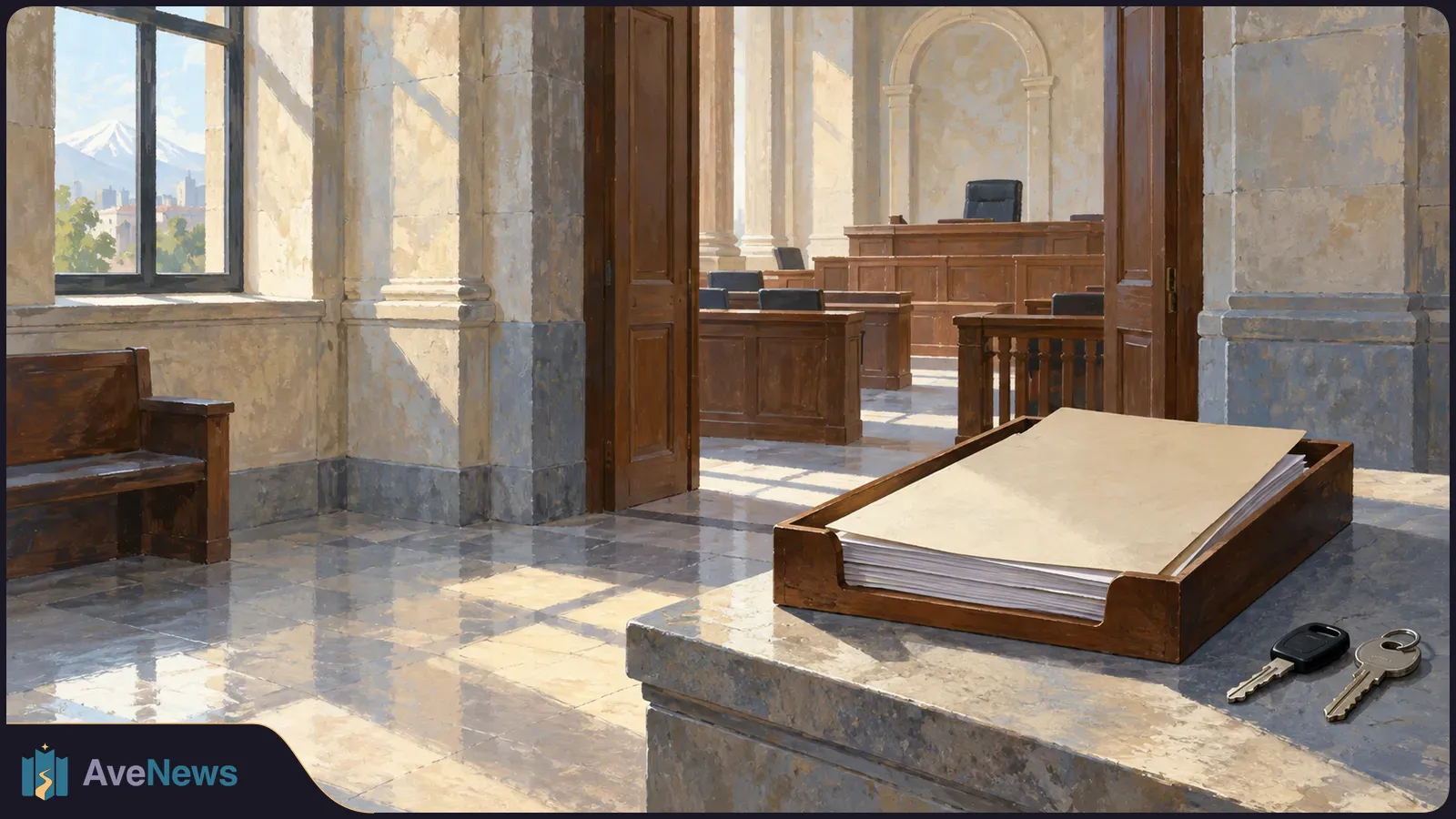 Painted view of an empty courtroom through open doors, with a thick stack of blank papers and two keys on a stone counter; a mountain is visible through a window. SI illustration