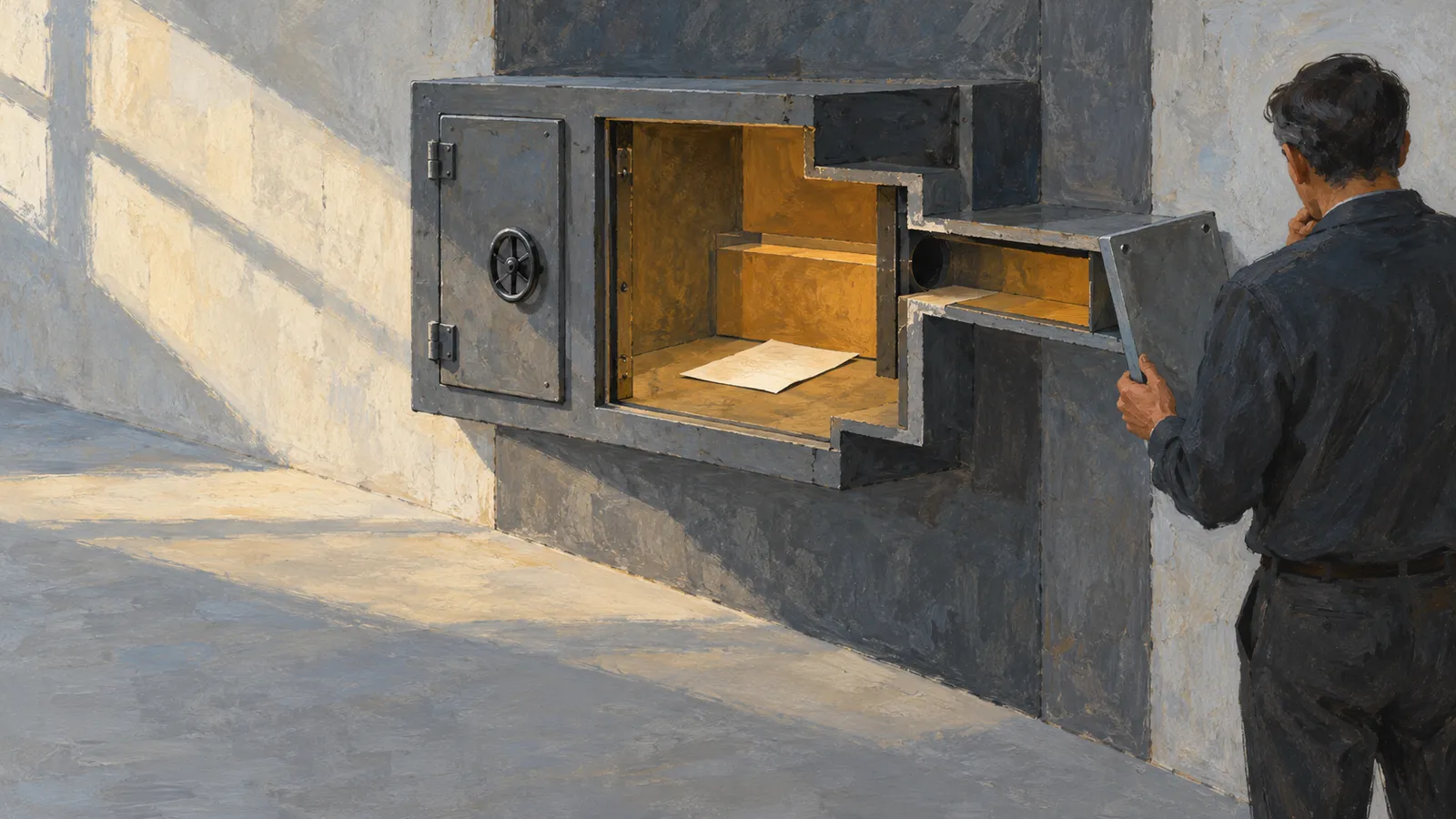 Illustration of a man holding a metal panel beside an open wall safe, with a sheet of paper inside and sunlight across the floor. SI illustration