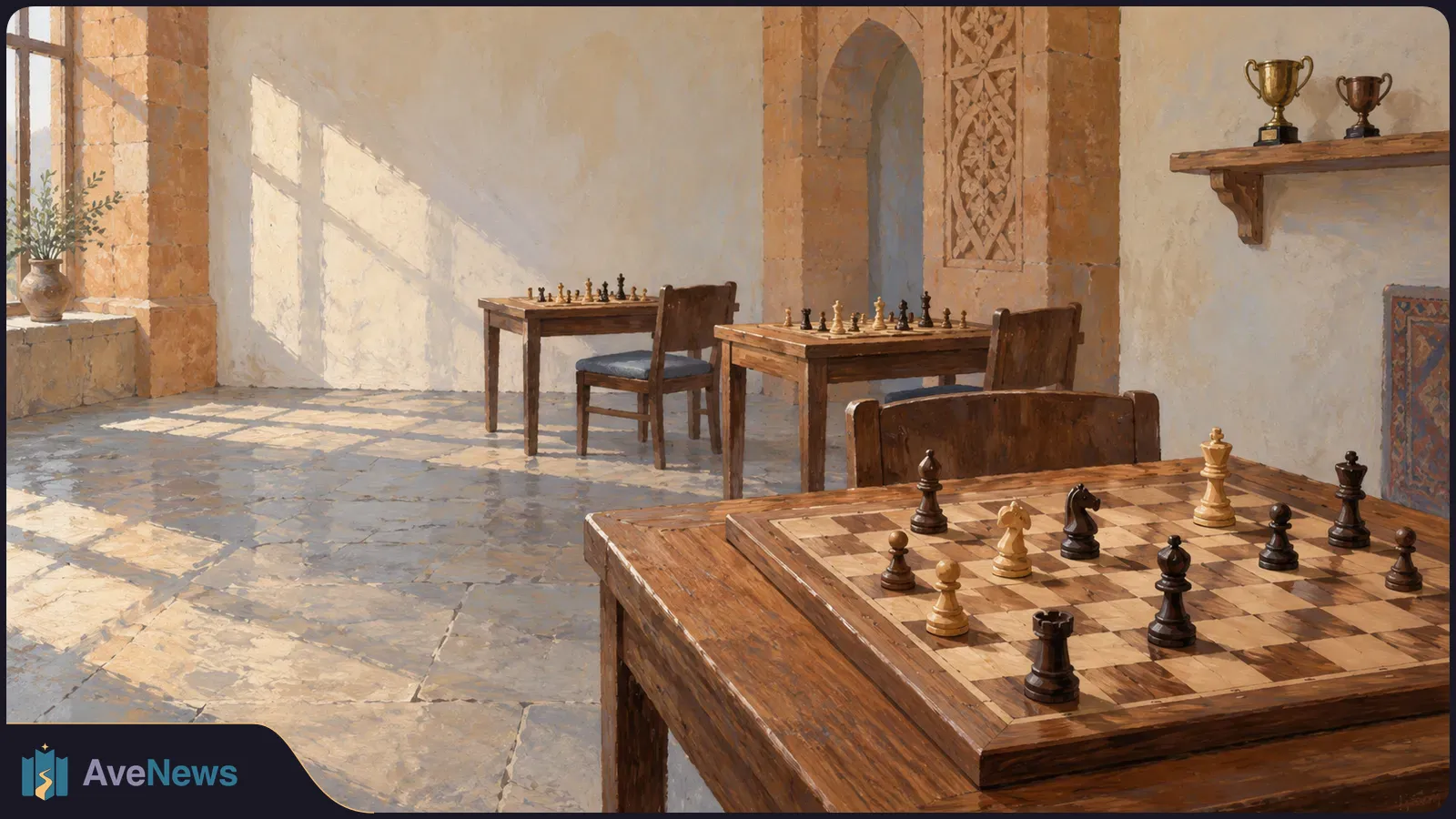 A sunlit stone room with chessboards and pieces on three wooden tables; two trophies stand on a wall shelf. SI illustration