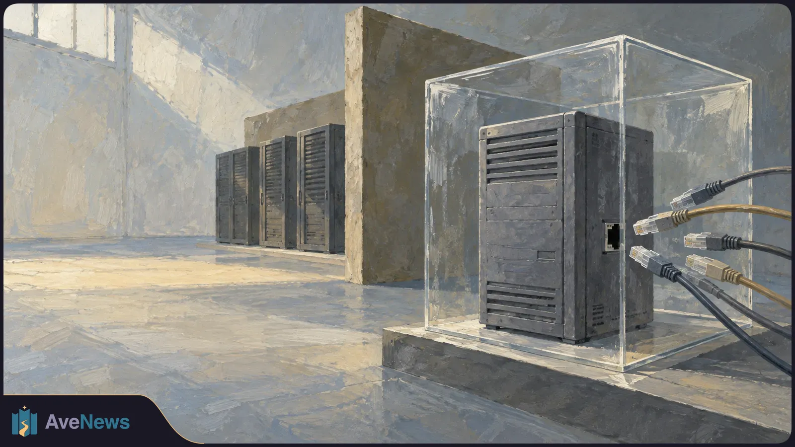 Painterly illustration of a dark server tower inside a clear enclosure, with unplugged network cables beside it and more server cabinets in the background. SI illustration