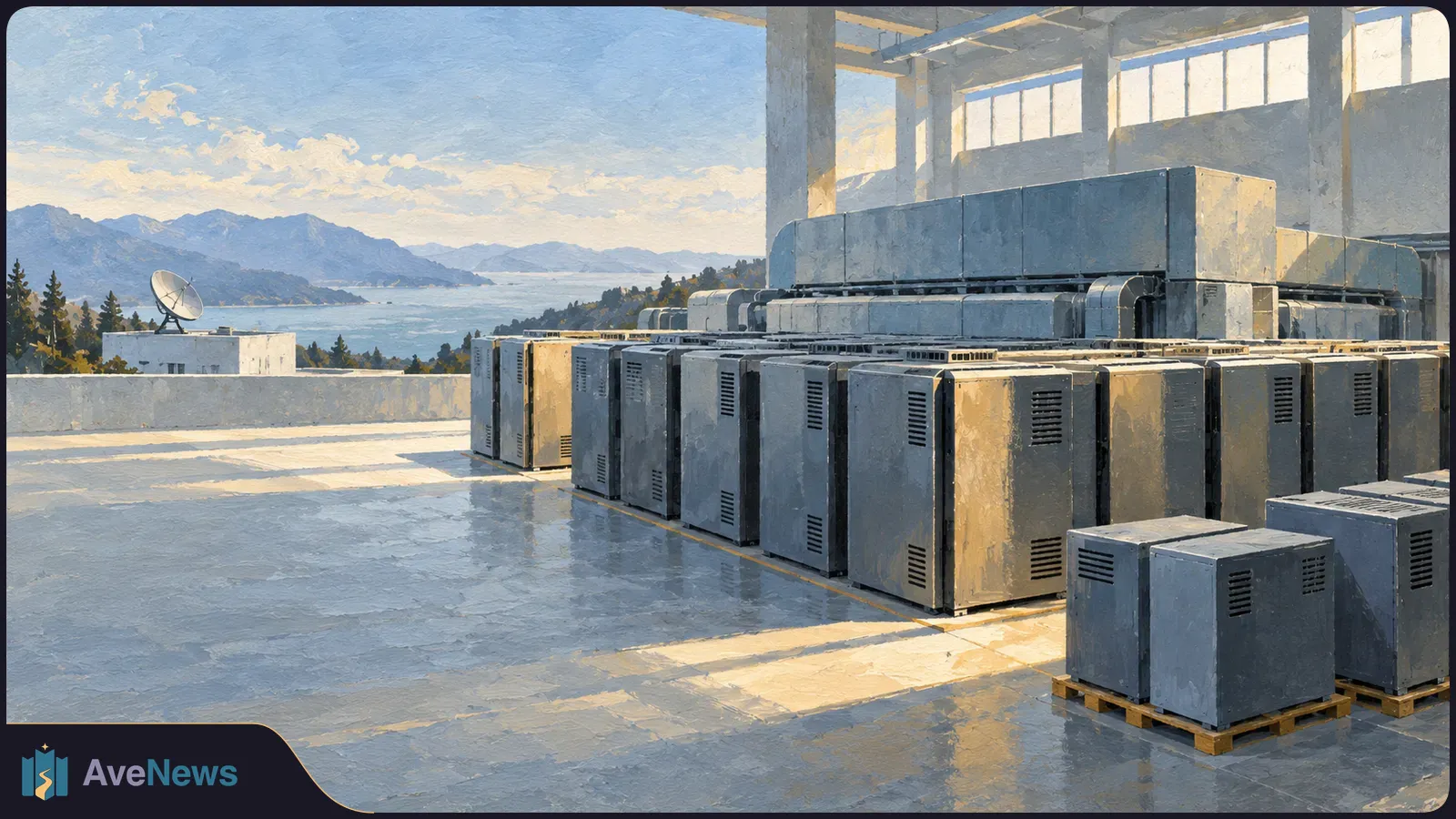 Painterly illustration of rows of gray equipment cabinets in an open industrial building, with a satellite dish, lake and mountains beyond. SI illustration