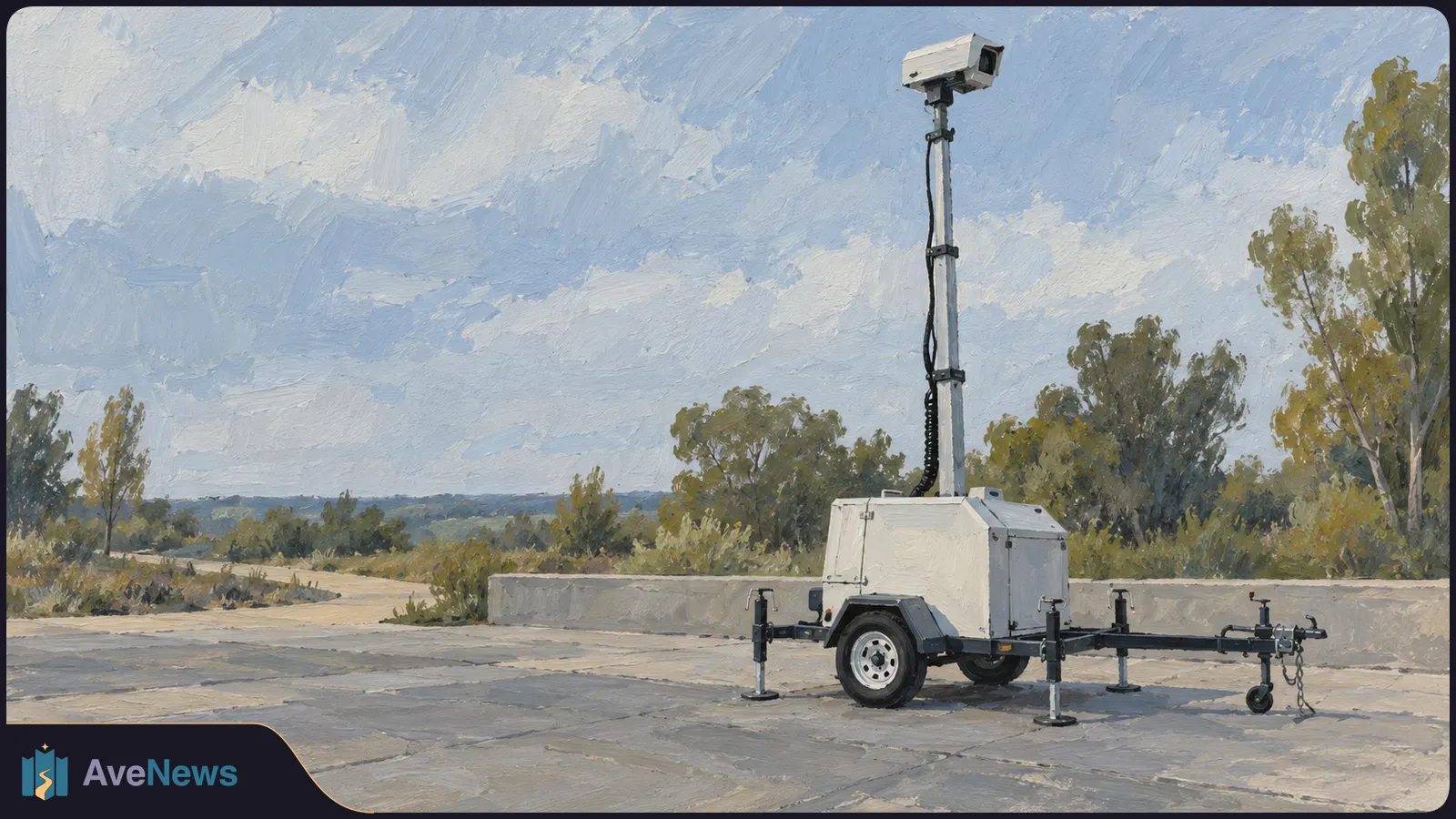 Painted scene of a towable surveillance camera trailer on a paved roadside, with trees and a cloudy sky behind it. SI illustration