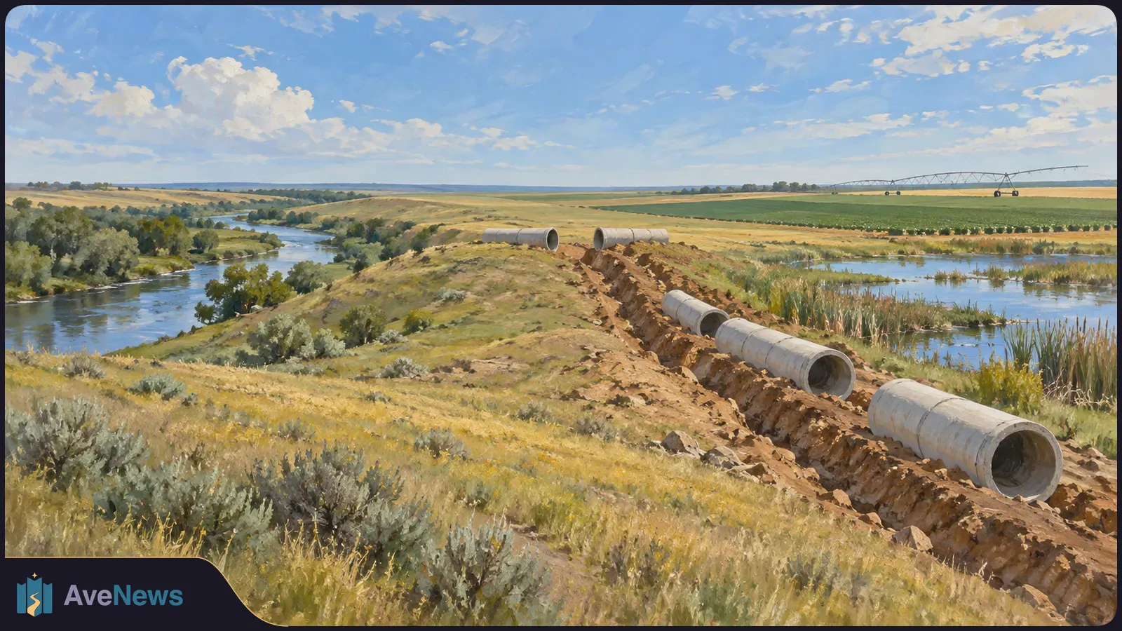Painted landscape with concrete pipe sections beside a dug trench, a winding river and marsh on either side, and farmland with an irrigation rig in the distance. SI illustration