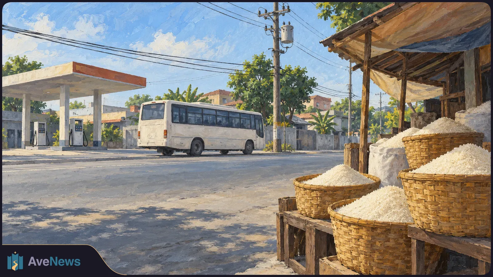 Painted roadside scene with baskets of white rice in front, a bus across the street, fuel pumps beneath a canopy, and power lines overhead. SI illustration